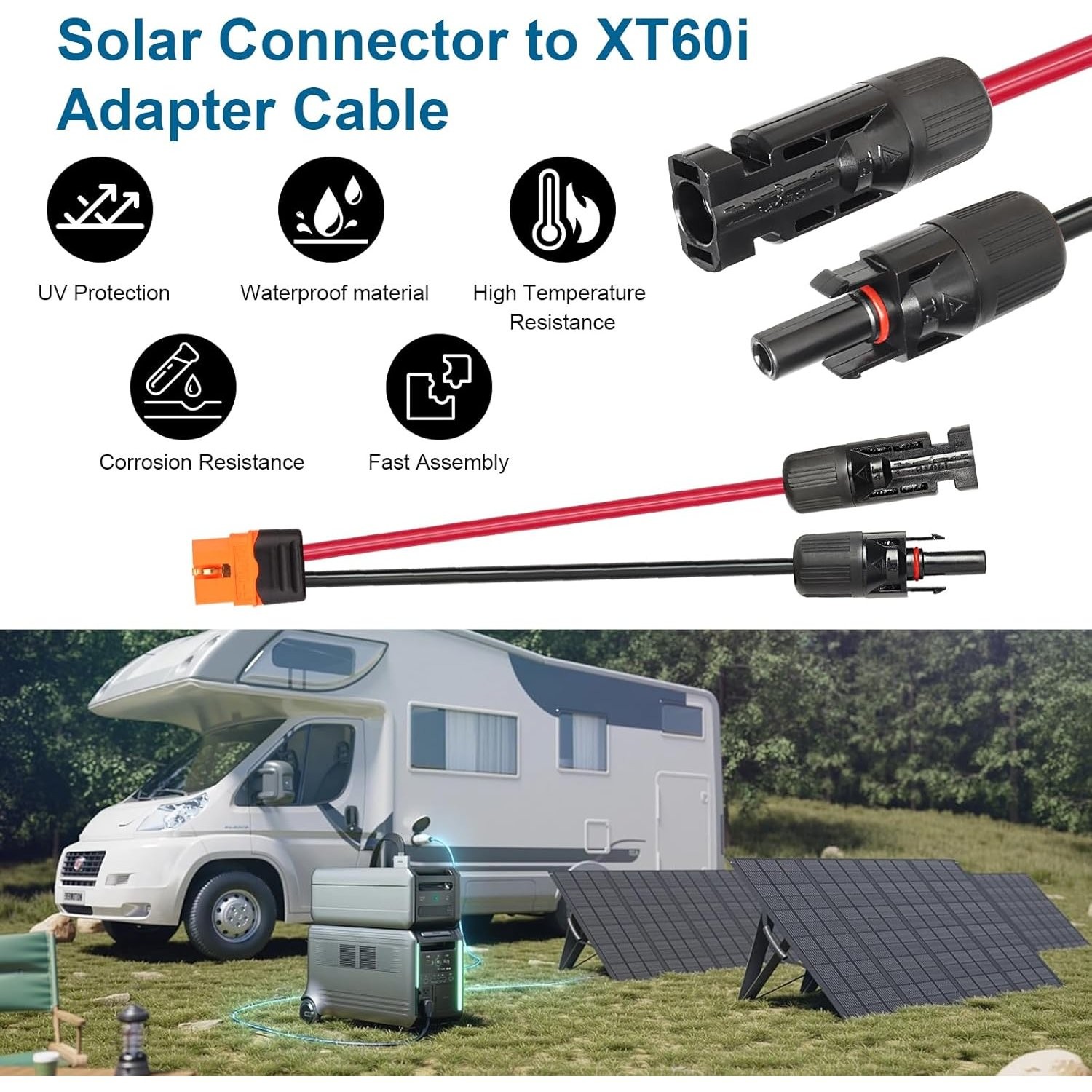 25FT XT60i Solar Panel Cable 10AWG Male-to-Male Adapter for Power Stations
