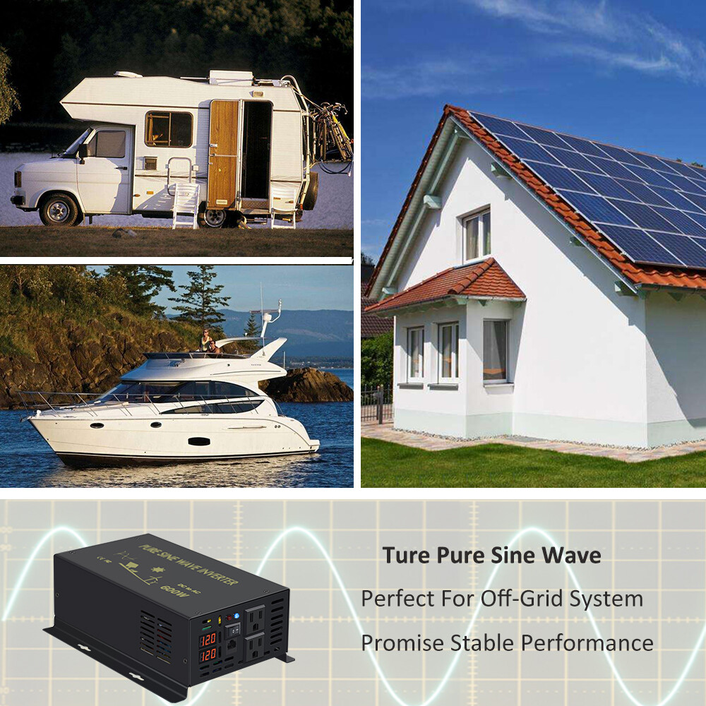 600Watt Pure Sine Wave Inverter 12V to 120V Car Home Truck Motor Camp RV Solar
