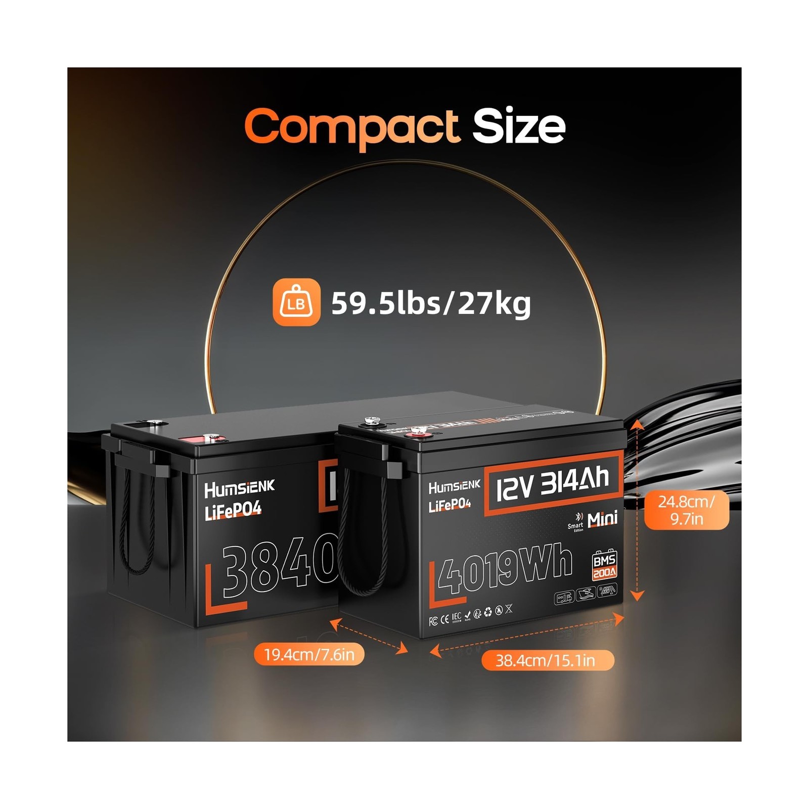 HumsiENK 12V 300Ah (314Ah) LiFePO4 Lithium Battery Mini Size, Bluetooth 200A …