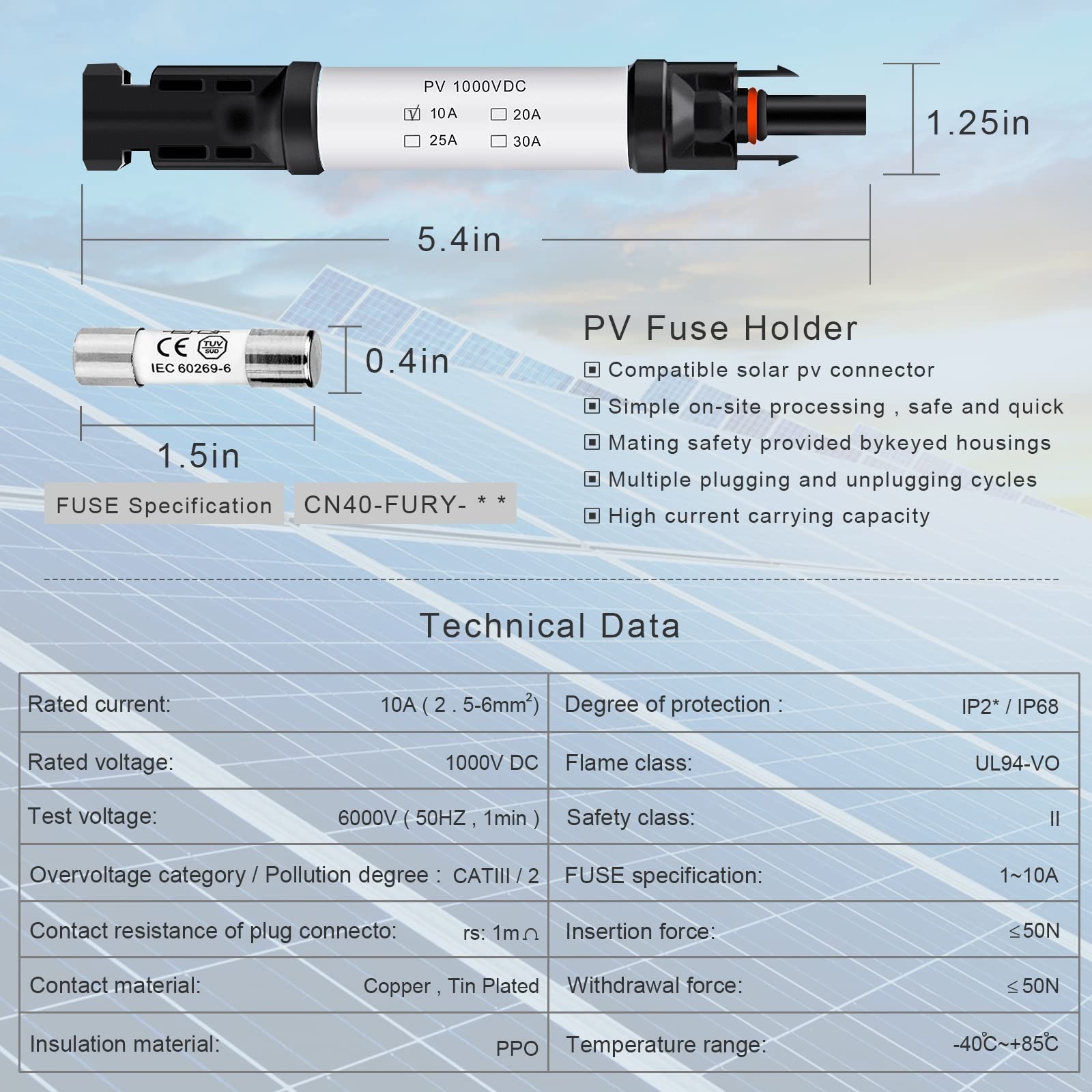 10A Waterproof Solar Fuse Holder Kit – 1000V In-Line Connectors + 8 Fuses
