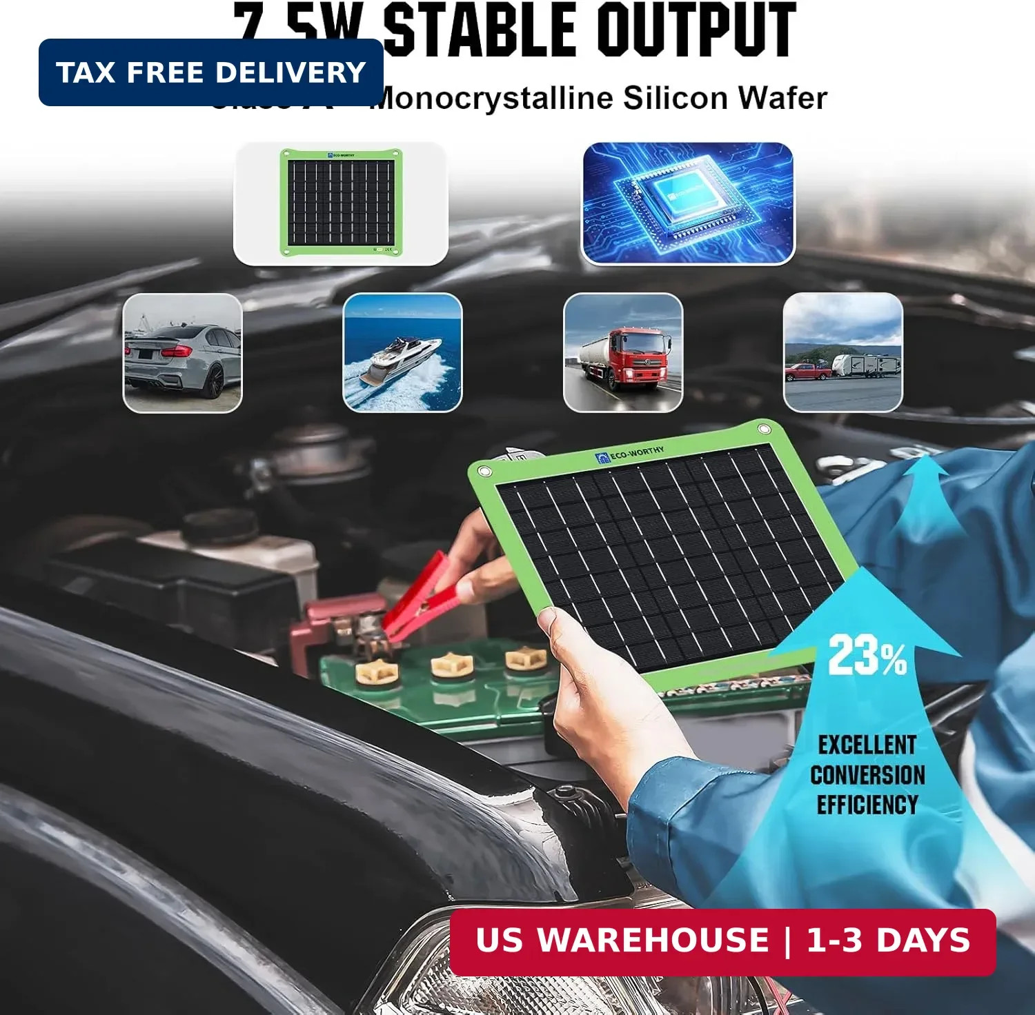 ECO-WORTHY Upgrade 7.5W Solar Car Battery Charger Maintainer 12V Waterproof Sola