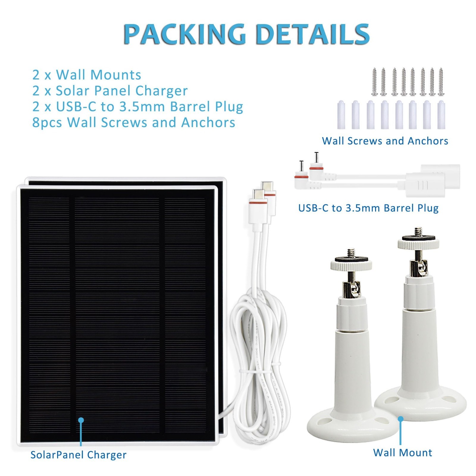 4W Solar Panel Charger for Ring Outdoor Cameras, USB-C Barrel Plug Adapter, 2-Pa