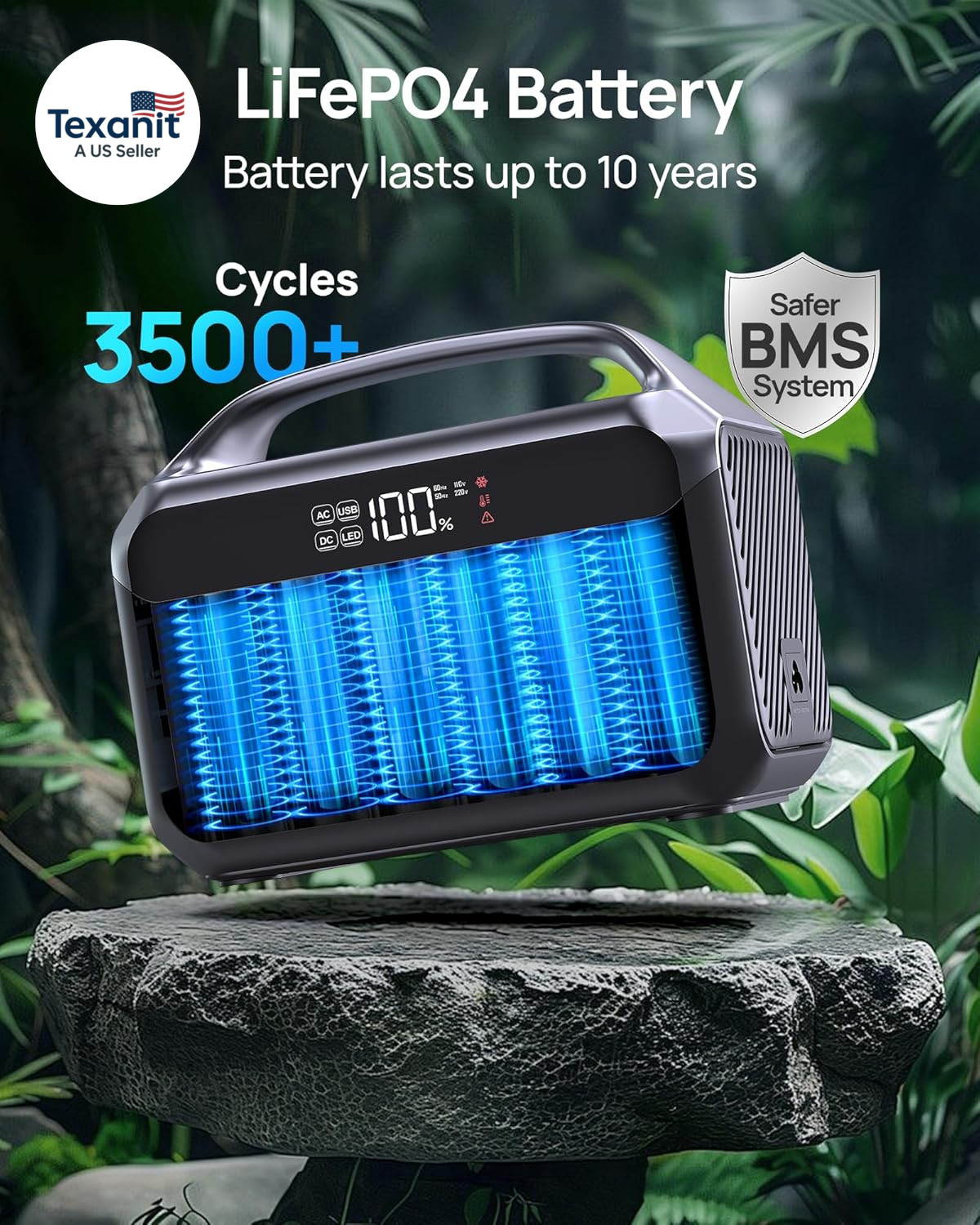 Portable Power Station 600W, 288Wh Lifepo4 Battery Backup Power W/2×600W AC Outl