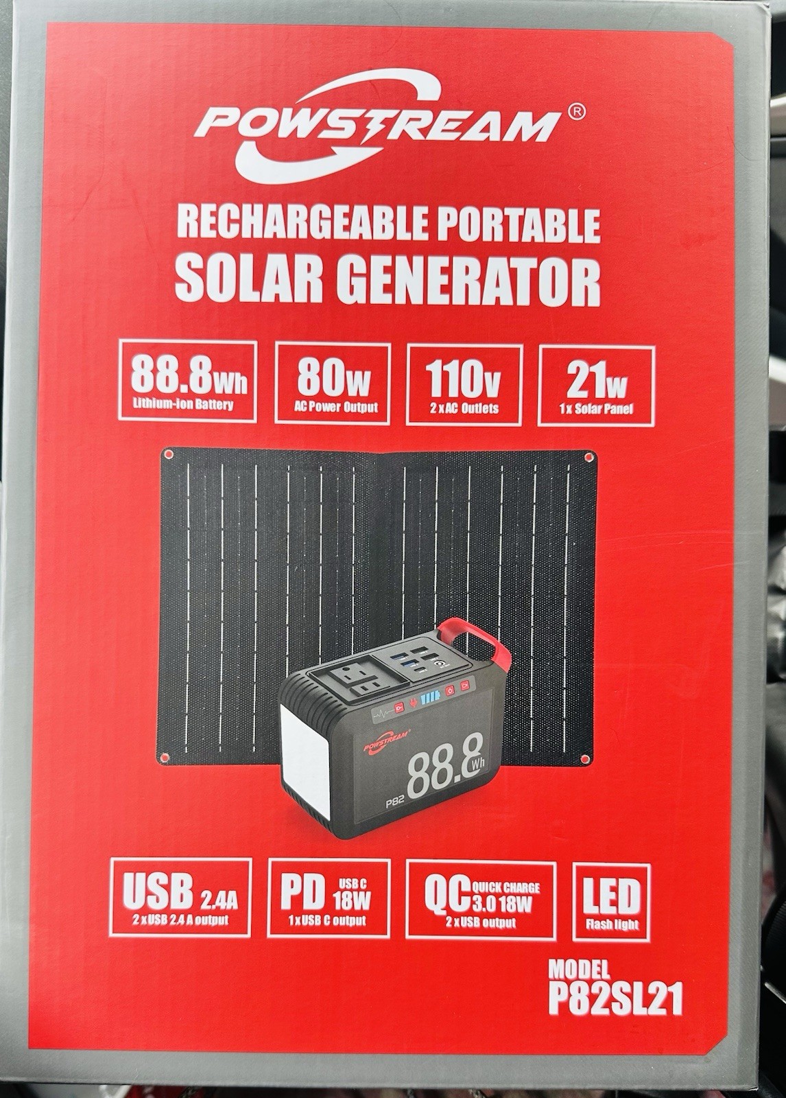 Powstream P82SL21 Portable 88.8Wh Solar Generator W/21-Watt Foldable Solar Panel