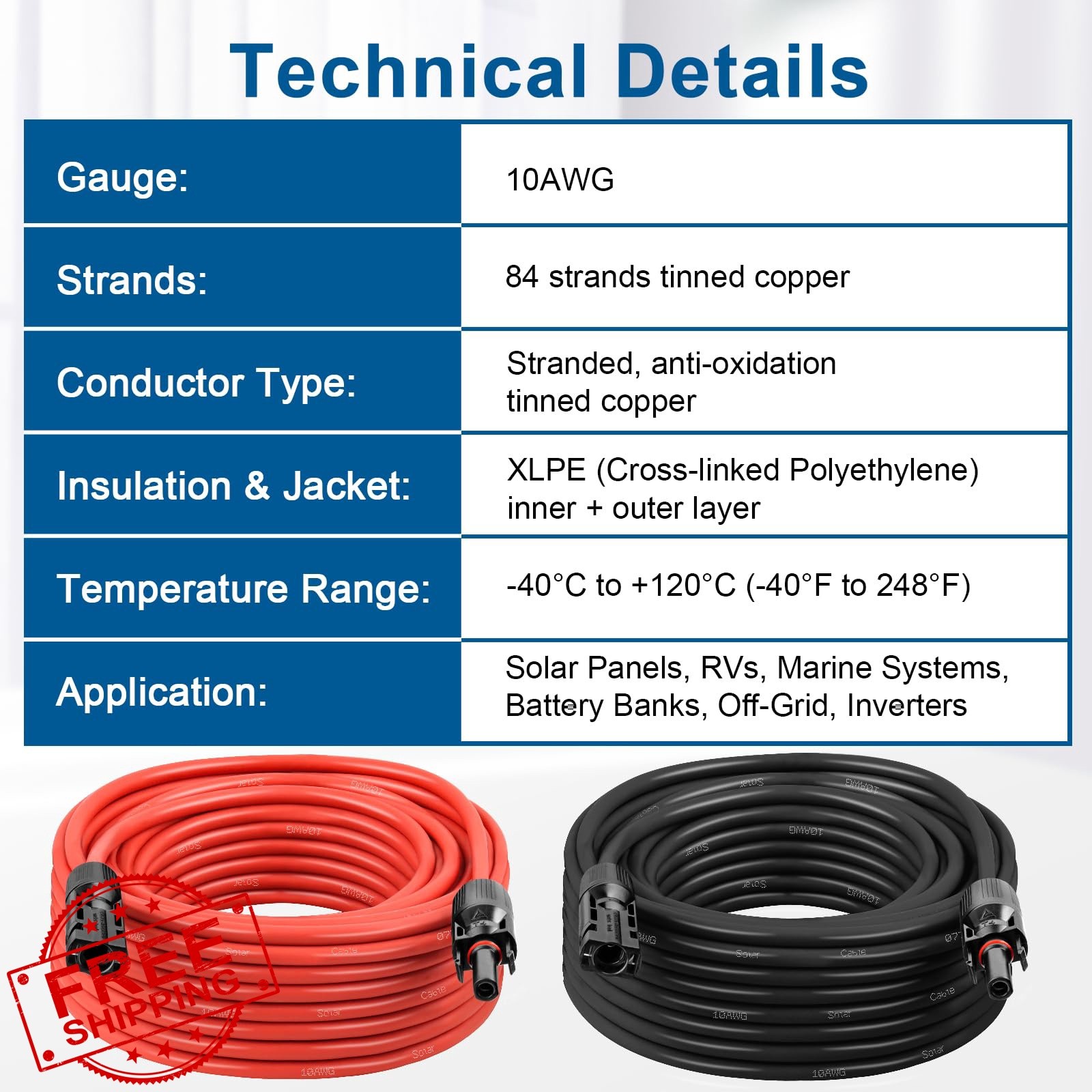 XRDS-RF 10AWG 20FT Solar Extension Cable 2 Pack Red/Black