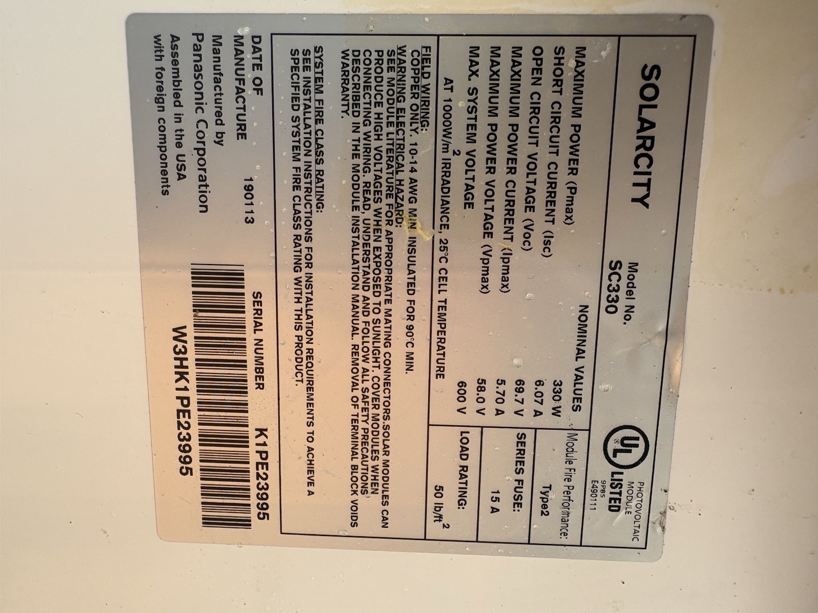 SolarCity SC330 330W Monocrystalline Rigid Solar Panel 58V DC Off-Grid