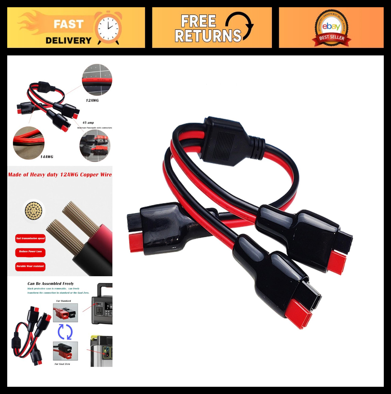 12AWG Y Splitter Cable with 45A Powerpole Connectors for Solar Panels, 1FT