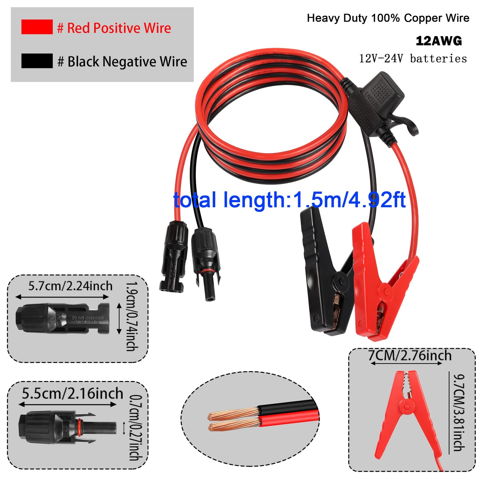 Solar Panel Connector Cable 12AWG Solar Panel Connector to Battery Clip Exten…