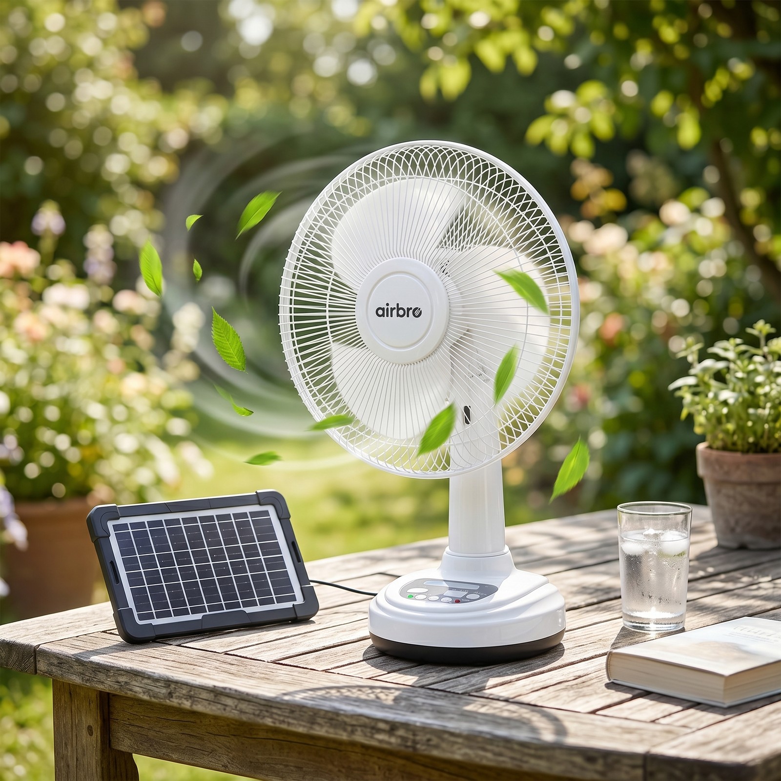 12″ Solar Powered Fan Rechargeable Fan with 2 LED Bulbs Portable Camping Fan US