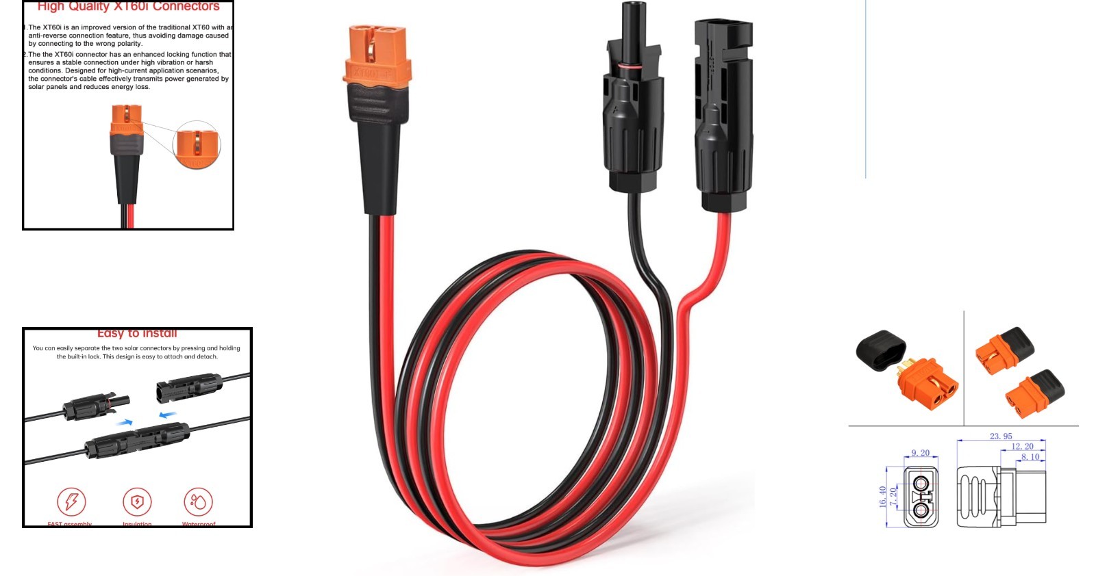 Portable Power Station 2FT Solar to XT60i Cable – Anti-Reverse Design for Safety