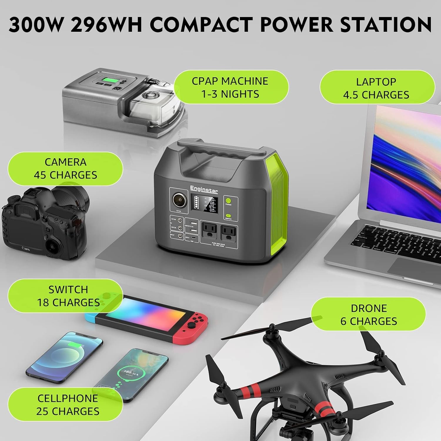 EnginStar 300W Portable Solar Generator 296Wh Backup Power