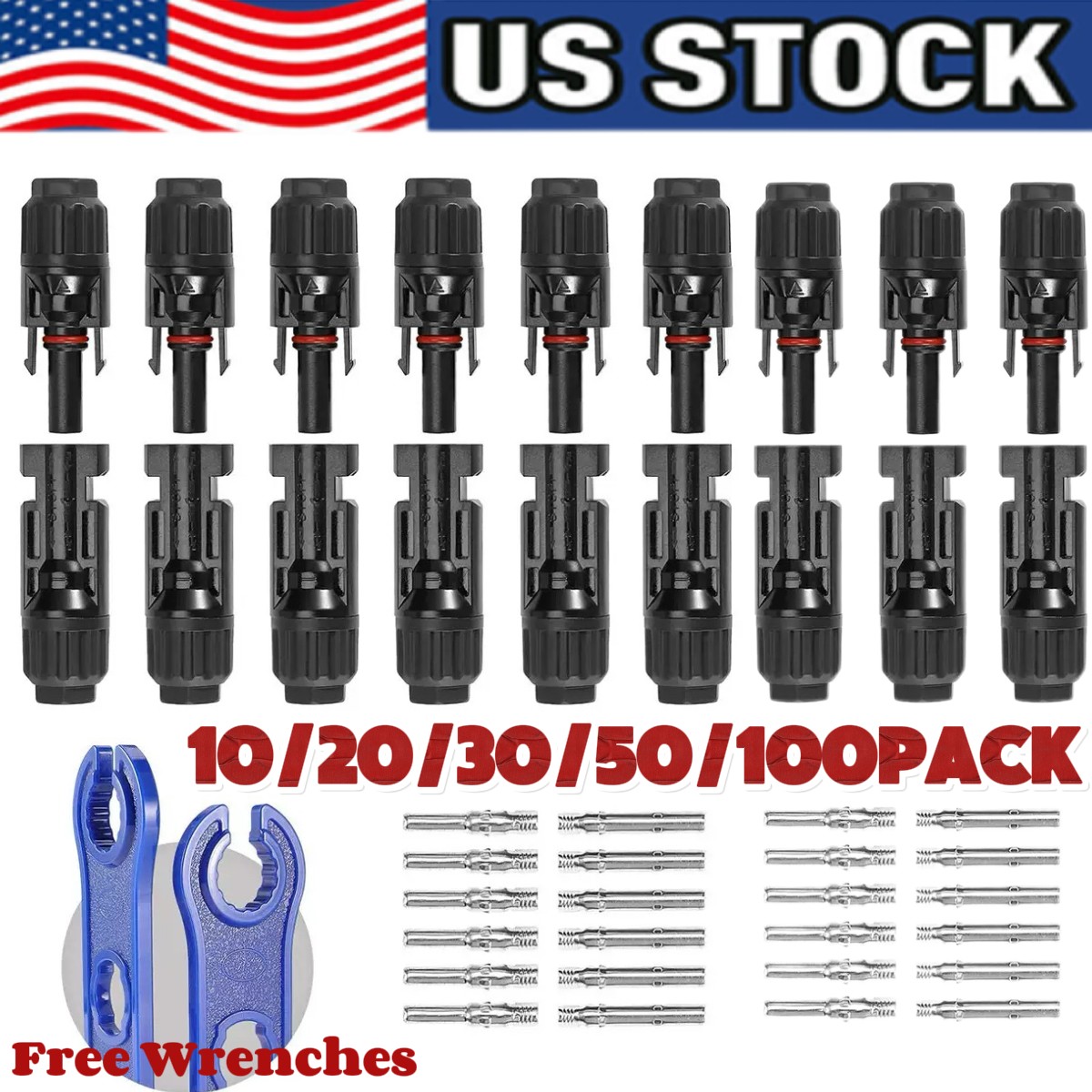10/20/50/100 Pairs Male Female Solar Cable Connectors For DIY Solar Panel US
