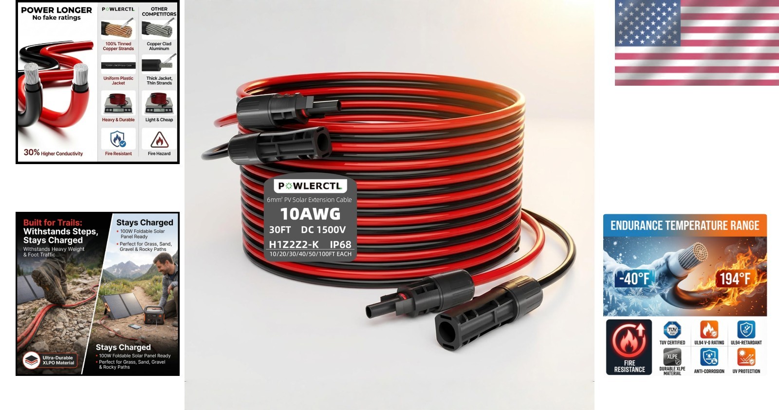 Durable 10 AWG 30Ft Solar Extension Cable – UV-Resistant with Connectors