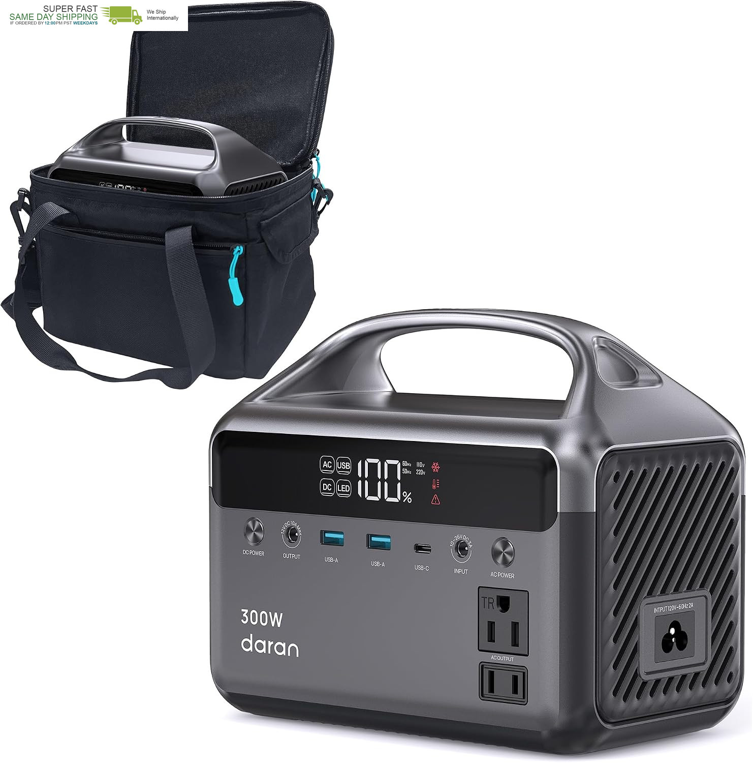 300W, 192Wh Lifepo4 Battery Solar Generator with Carry Bag & 2 AC Outlets 110V/