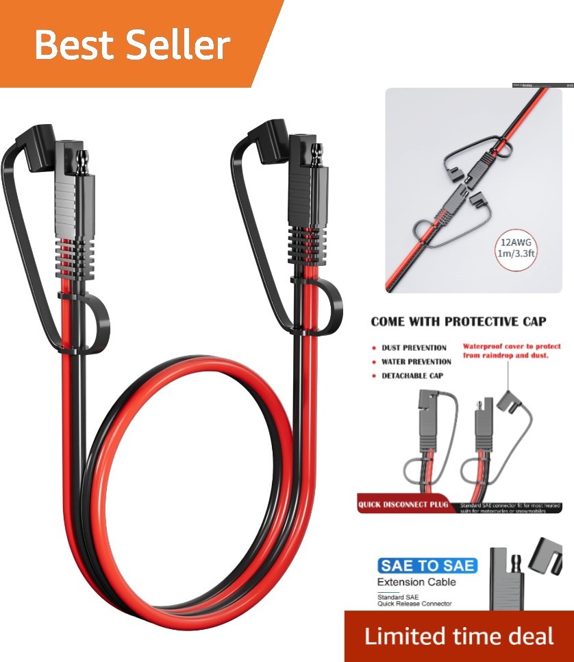 Durable 3.3FT SAE to SAE Extension Cable – 12AWG for Cars and Solar Panels