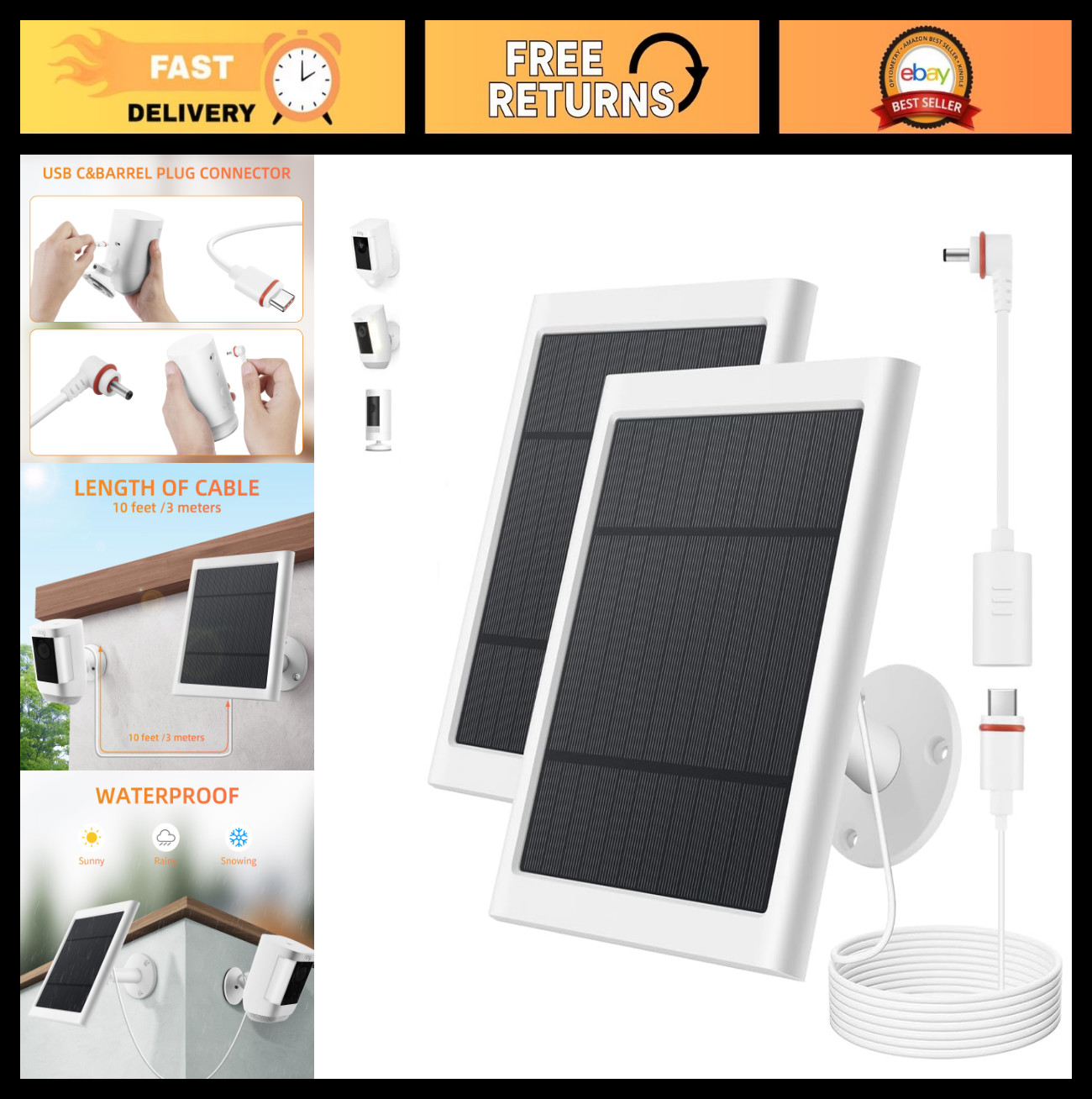 2 Pack Solar Panel Charger for Ring Camera, 4W with 10ft Cable & USB-C Adapter