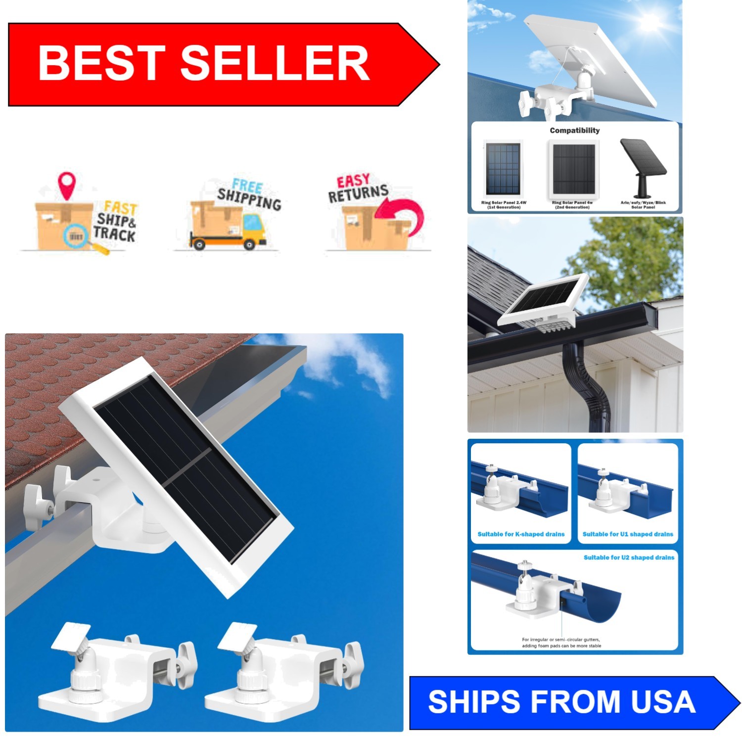 2 Pack Universal Solar Panel Gutter Mount – Adjustable 360° for Maximum Sunlight