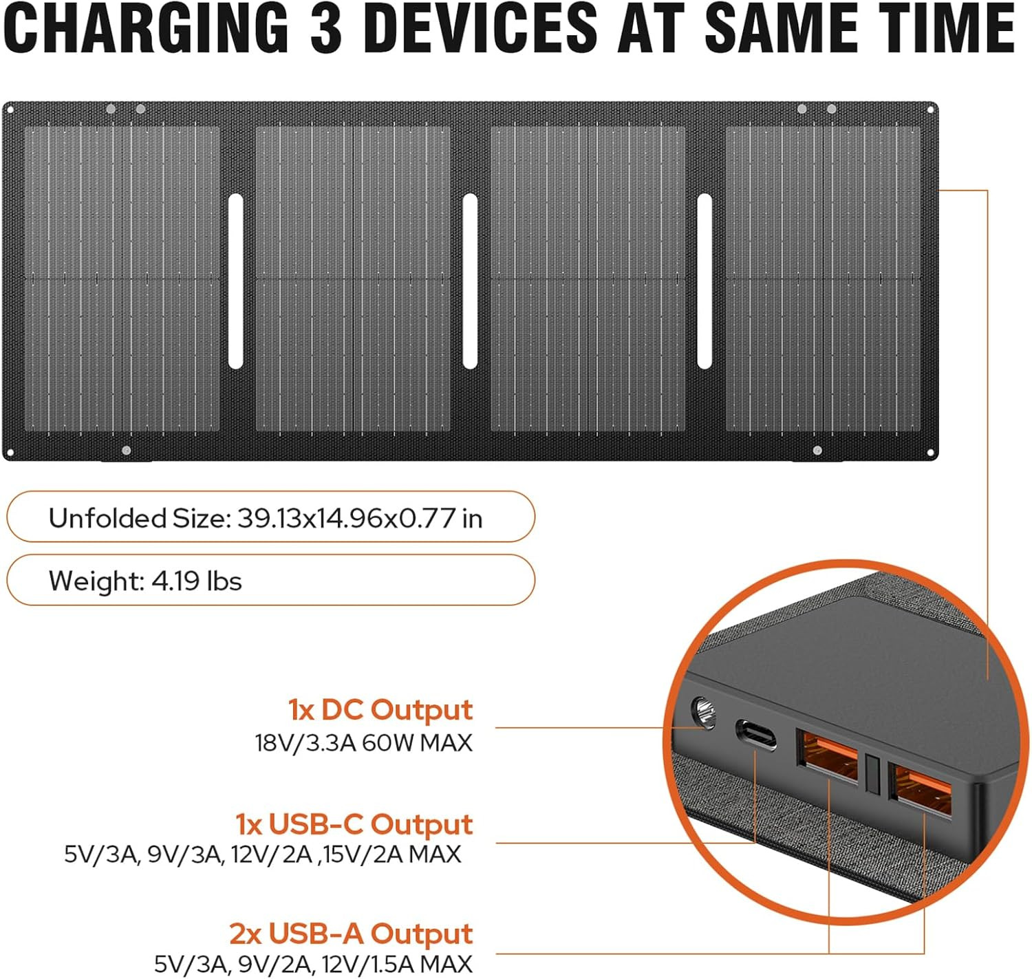 60W Portable Foldable Solar Charger for Phones, Laptops & Power Banks
