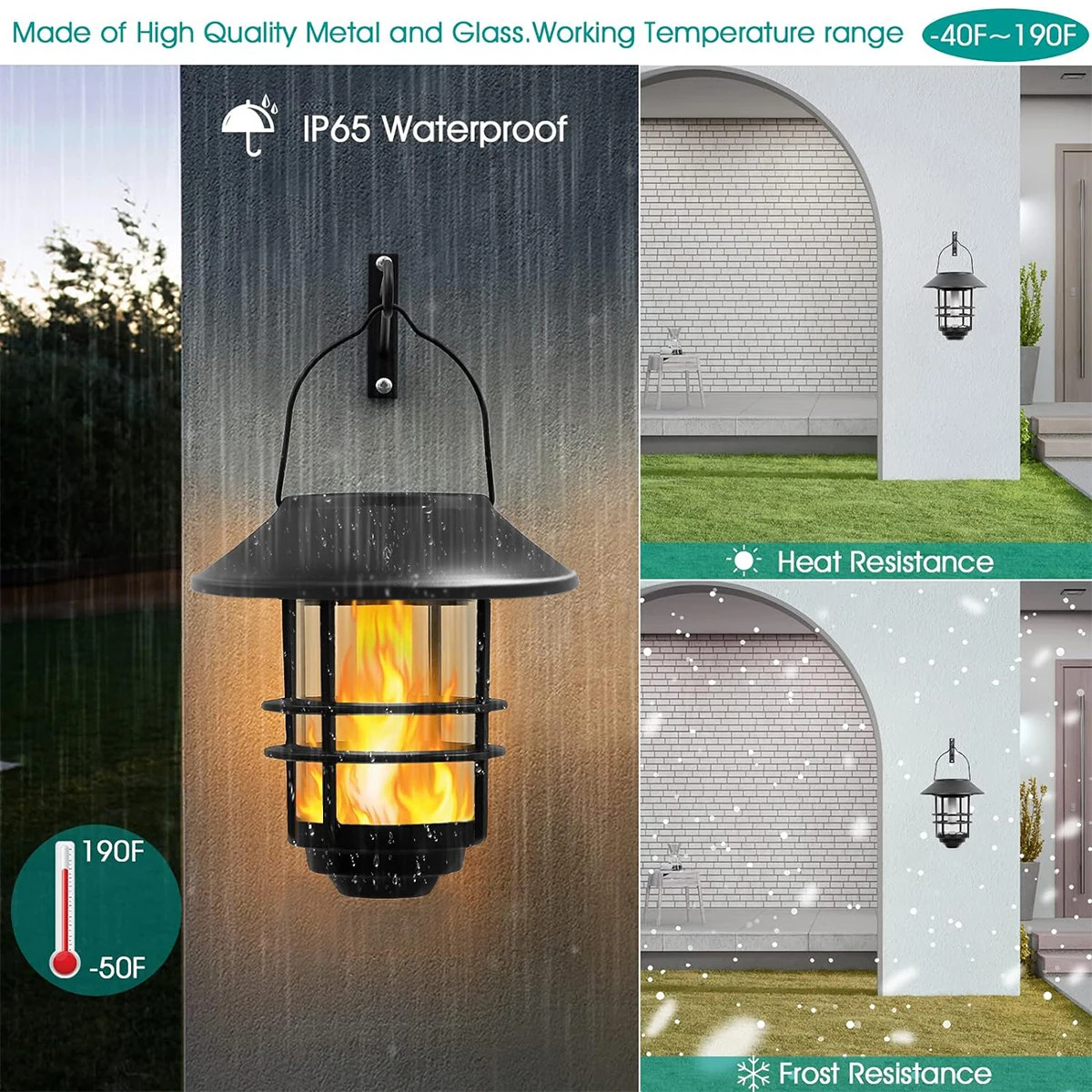 1pcs Solar Hanging Lantern Outdoor Flickering Flames Waterproof Heavy Glass