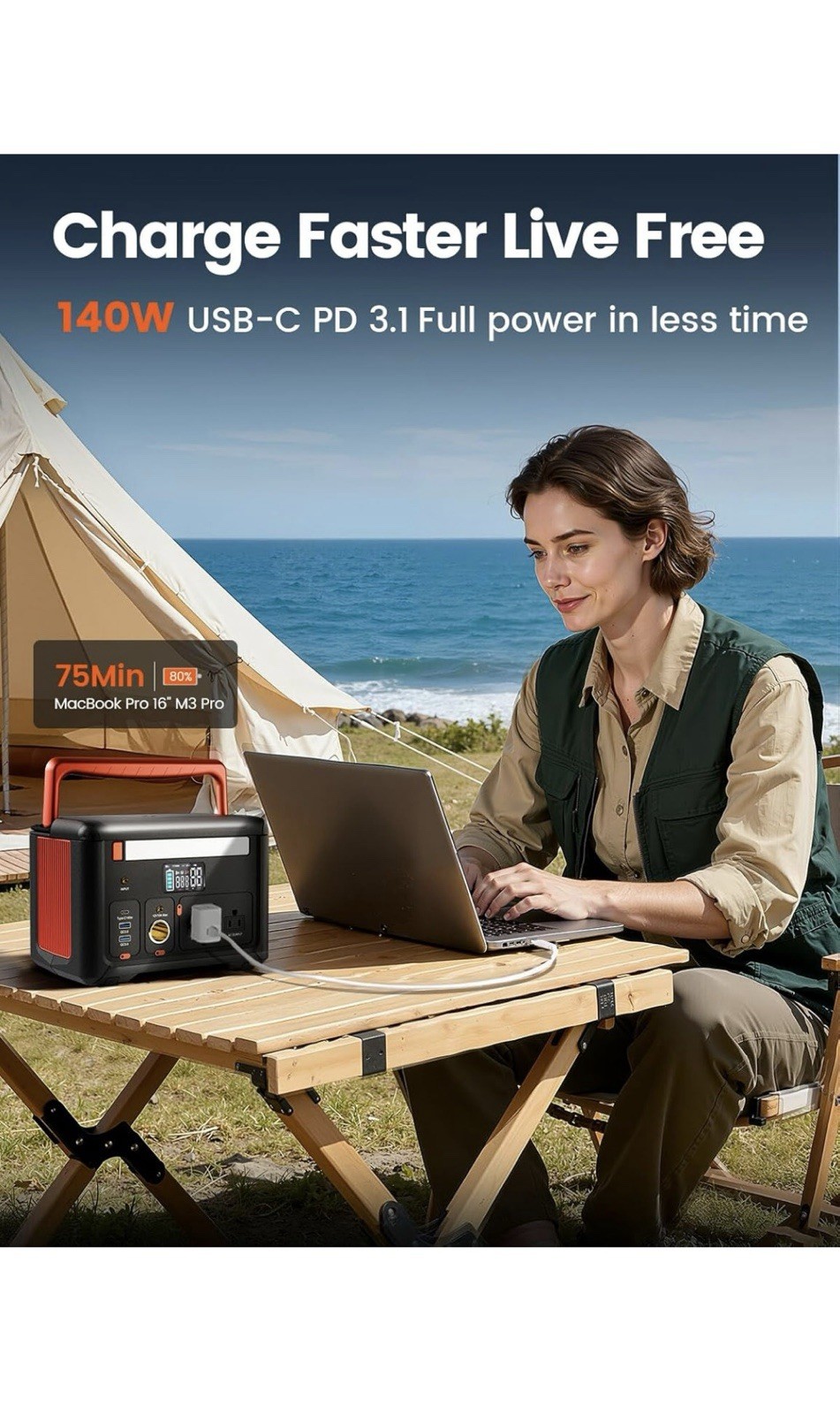 Portable Power Station 600W(1200W Surge), 299Wh Camping Power Station with 2 AC
