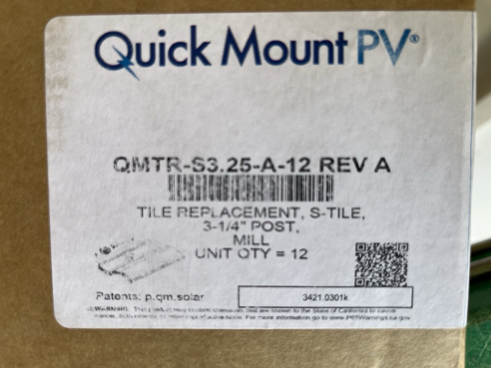 Quick Mount PV QMTR-S3.25-A-12 REV A Tile Replacement Kit Solar Mounting, 12