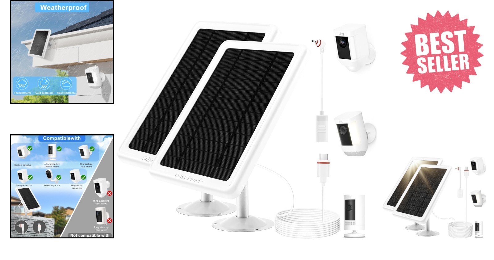Solar Panel for Ring Camera(2Nd Generation), 2 Pack 5W Solar Panel with 10FT/3M