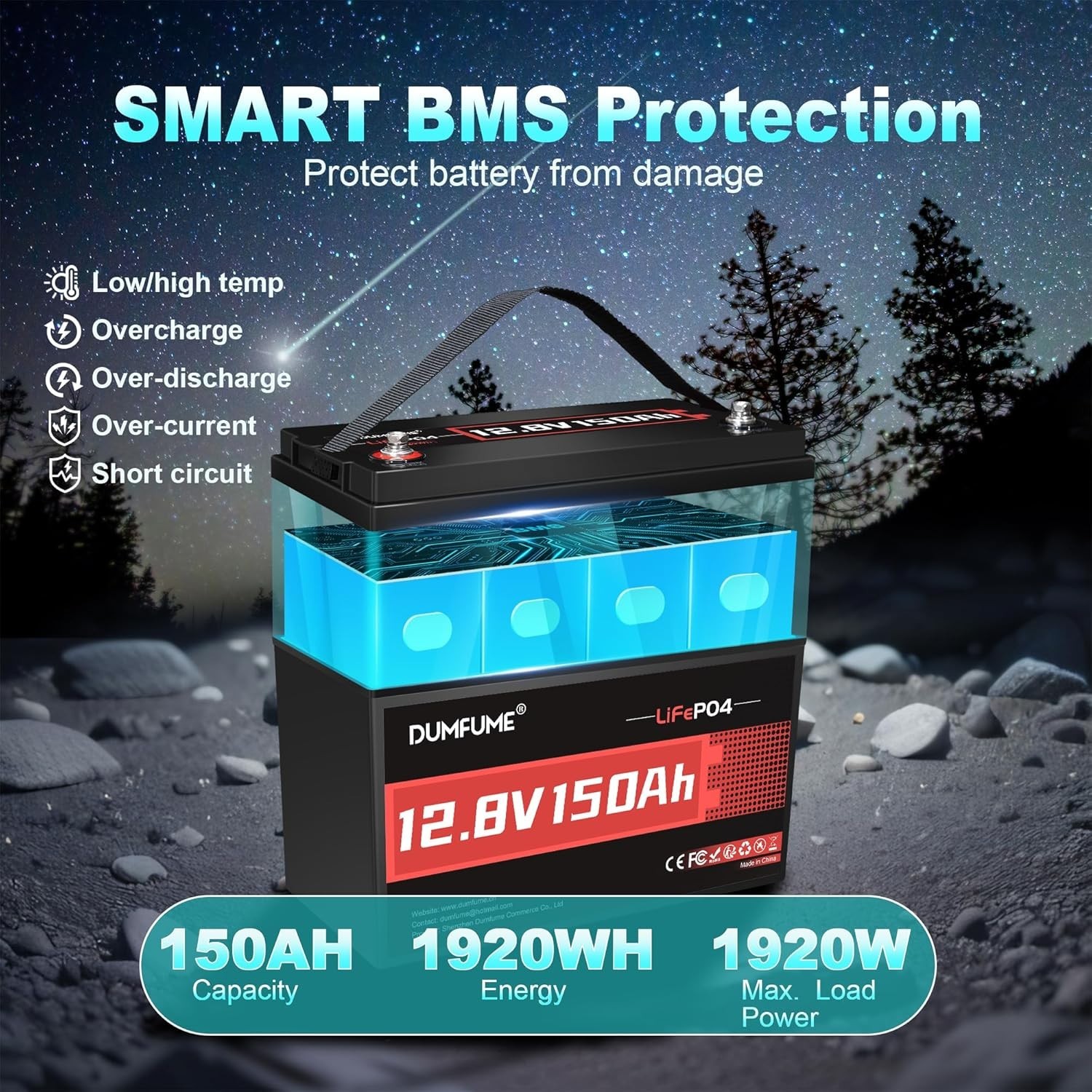 12V 150Ah LiFePO4 Lithium Battery 100A BMS, 1920Wh 8000+ Cycle for RVs Off-Grid