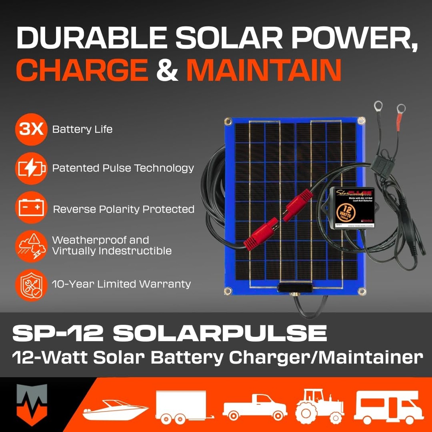 PulseTech SolarPulse SP-12 Solar Battery Charger Maintainer, 12 Watt, Blue