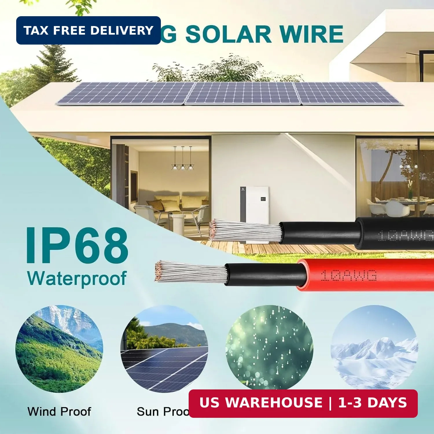 10AWG Solar Wire 6mm², 2 Pack 50FT Red & Black Solar Panel Cable, 84 Strands Tin