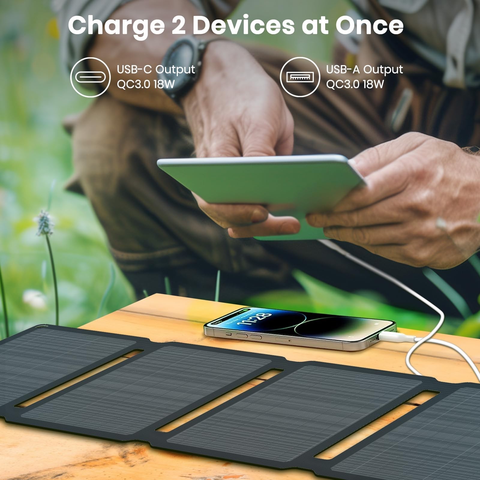 30W Portable Solar Panel Charger – QC3.0, USB-A & USB-C, Foldable, Waterproof fo