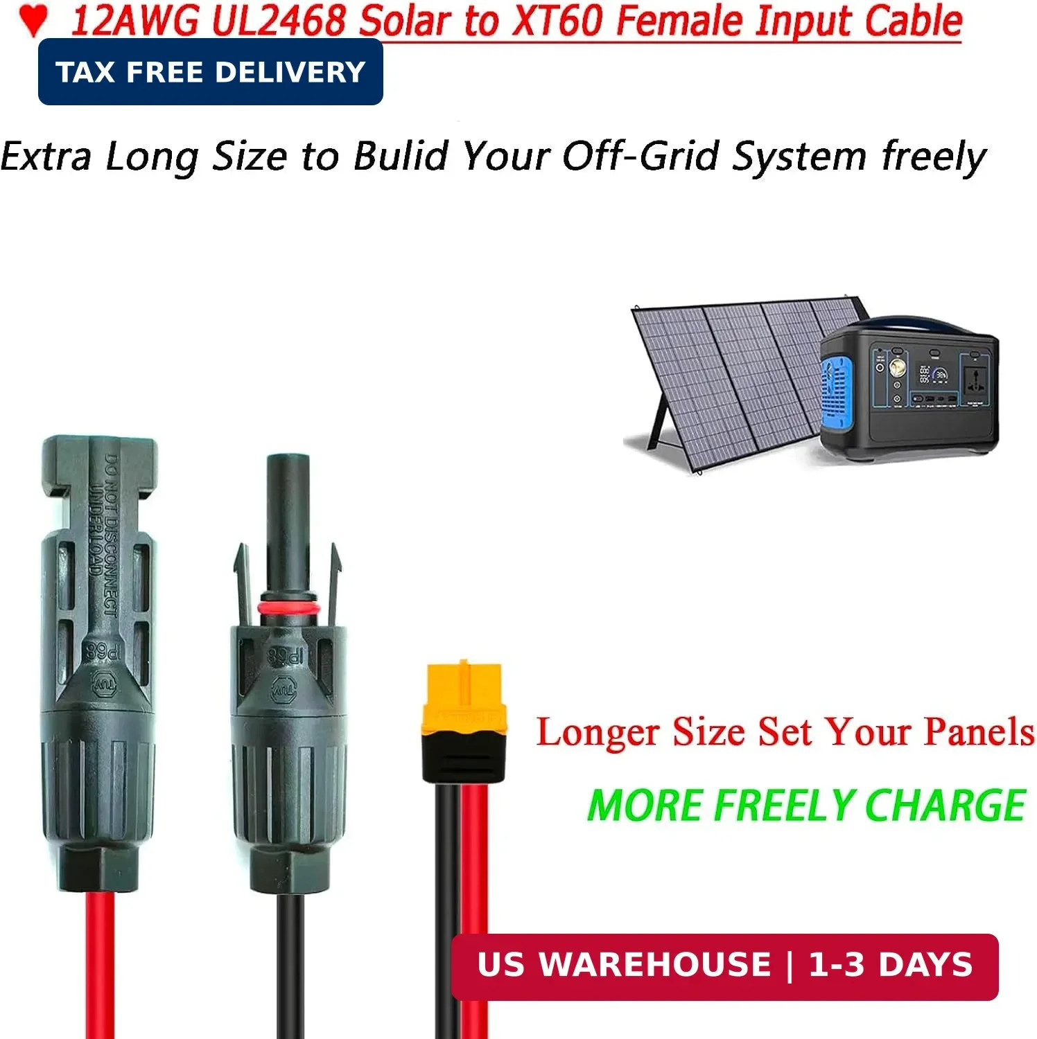 12AWG 25FT Solar to XT60 Cable,Solar Charge Cable with XT60 Female Adapter for P