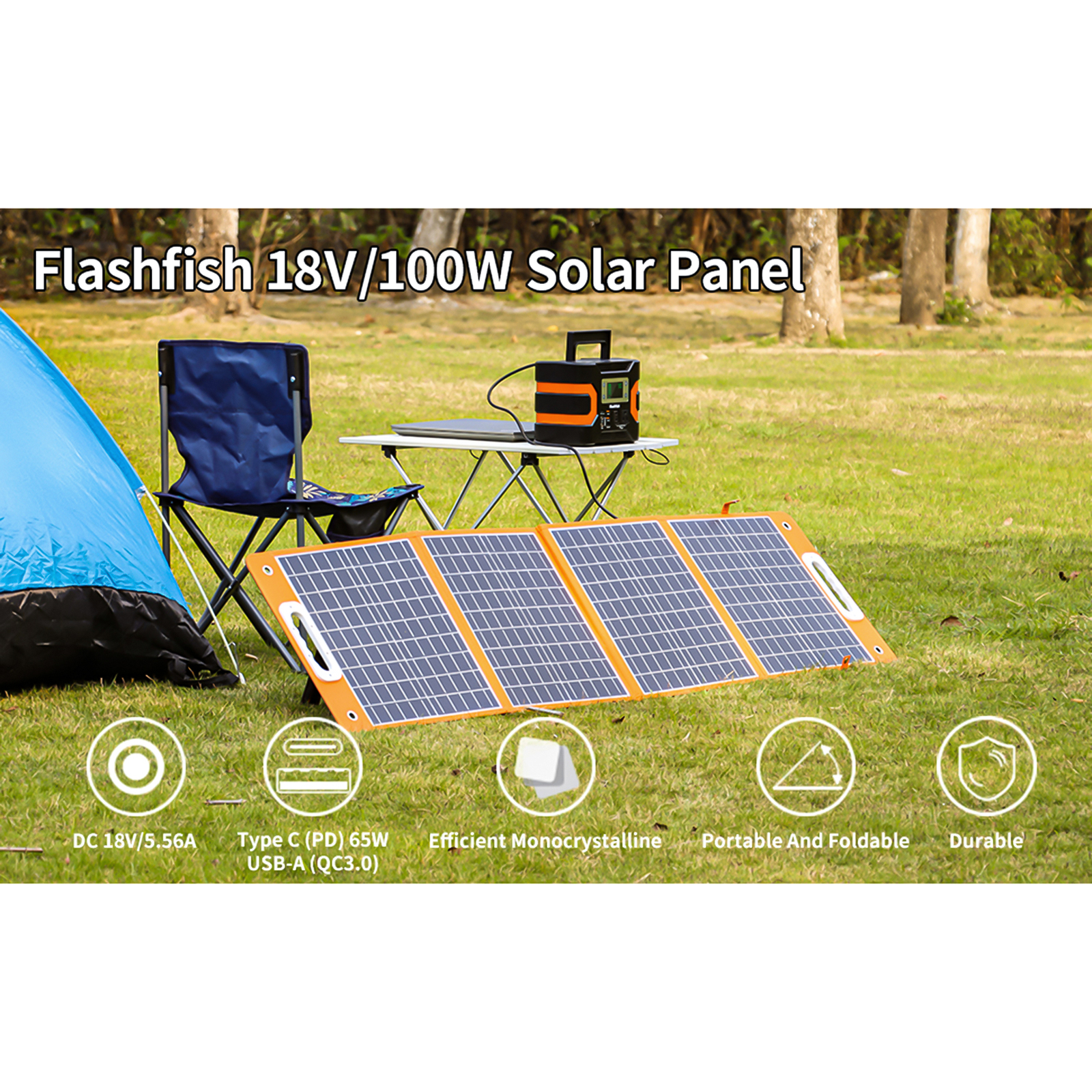 Flashfish 18V/100W Foldable Solar Panel Solar Charger Power Station Travel D1L5