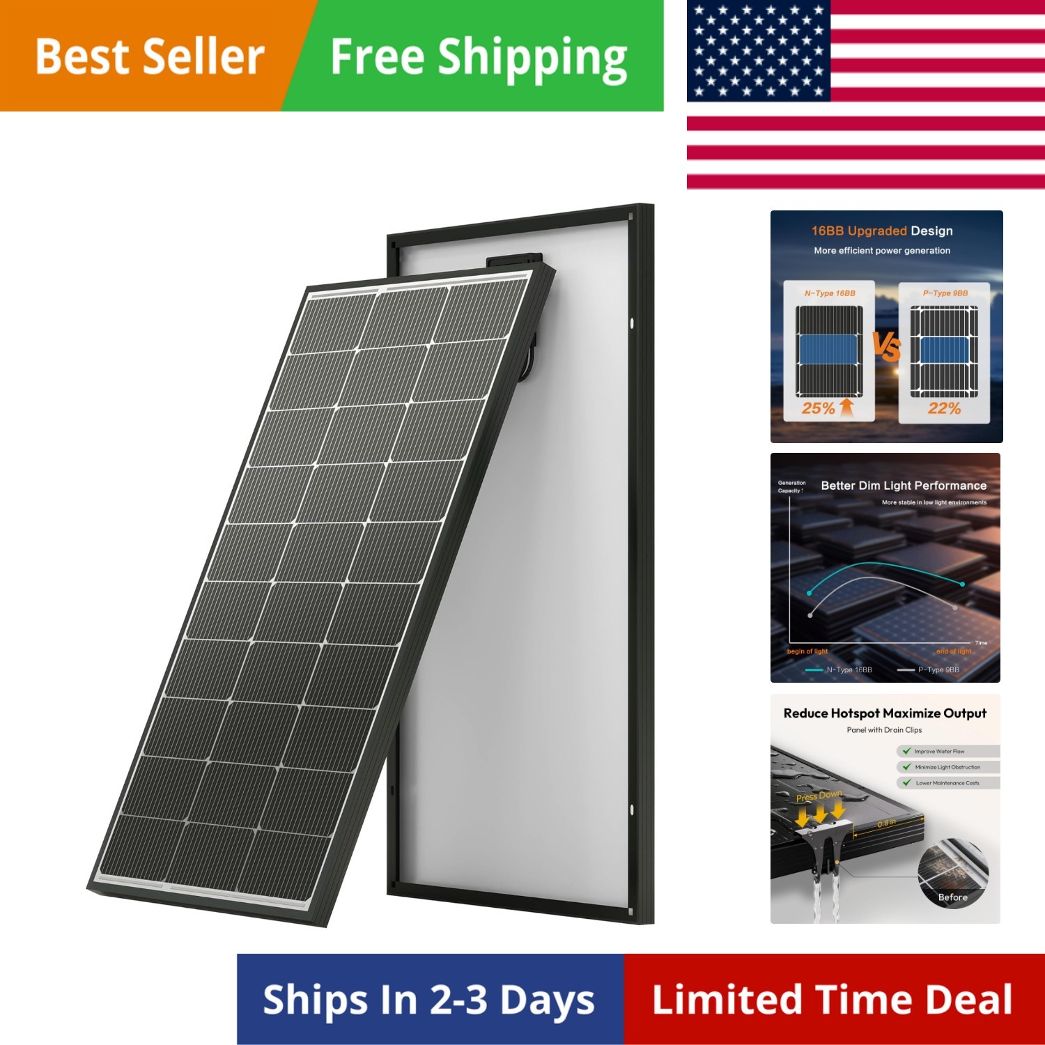 100 Watt Solar Panel, N-Type 16BB High Efficiency 12 Volt Solar Panels, 25% H…