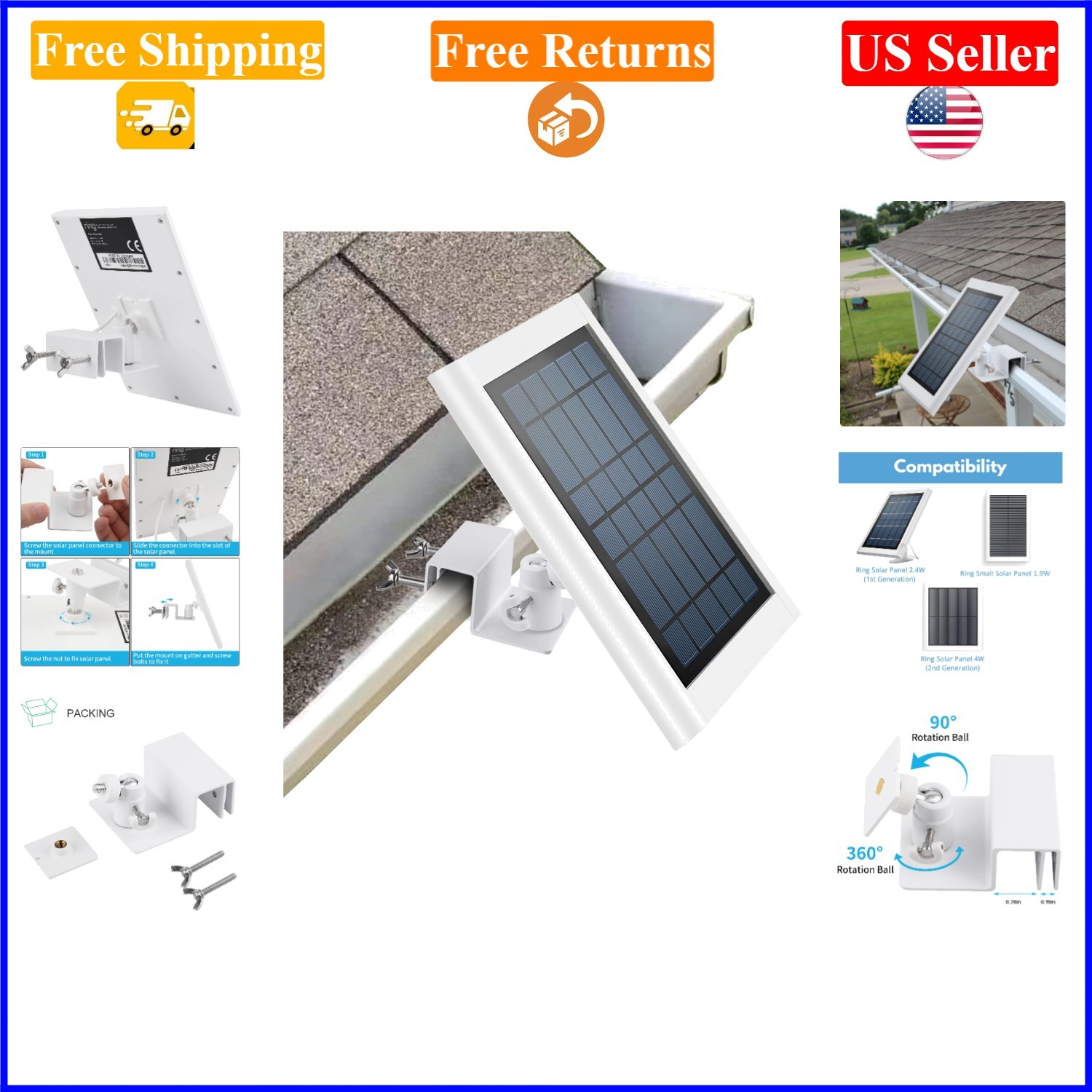 White Adjustable Aluminum Gutter Mount for Ring Solar Panel