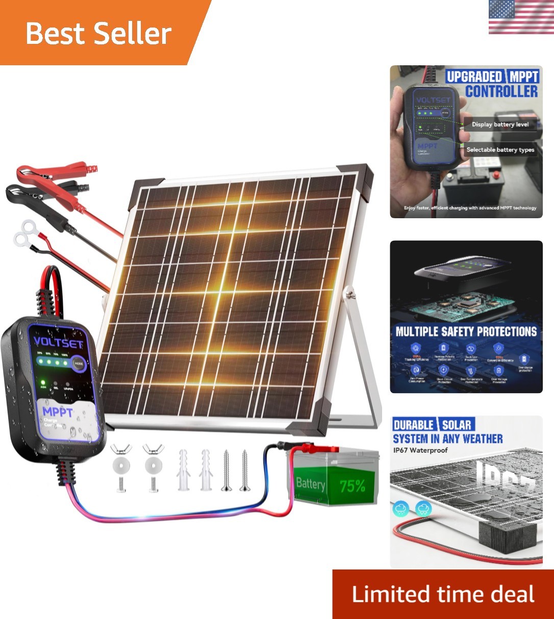 High-Efficiency 20W Monocrystalline Solar Charger with Adjustable Mount Bracket