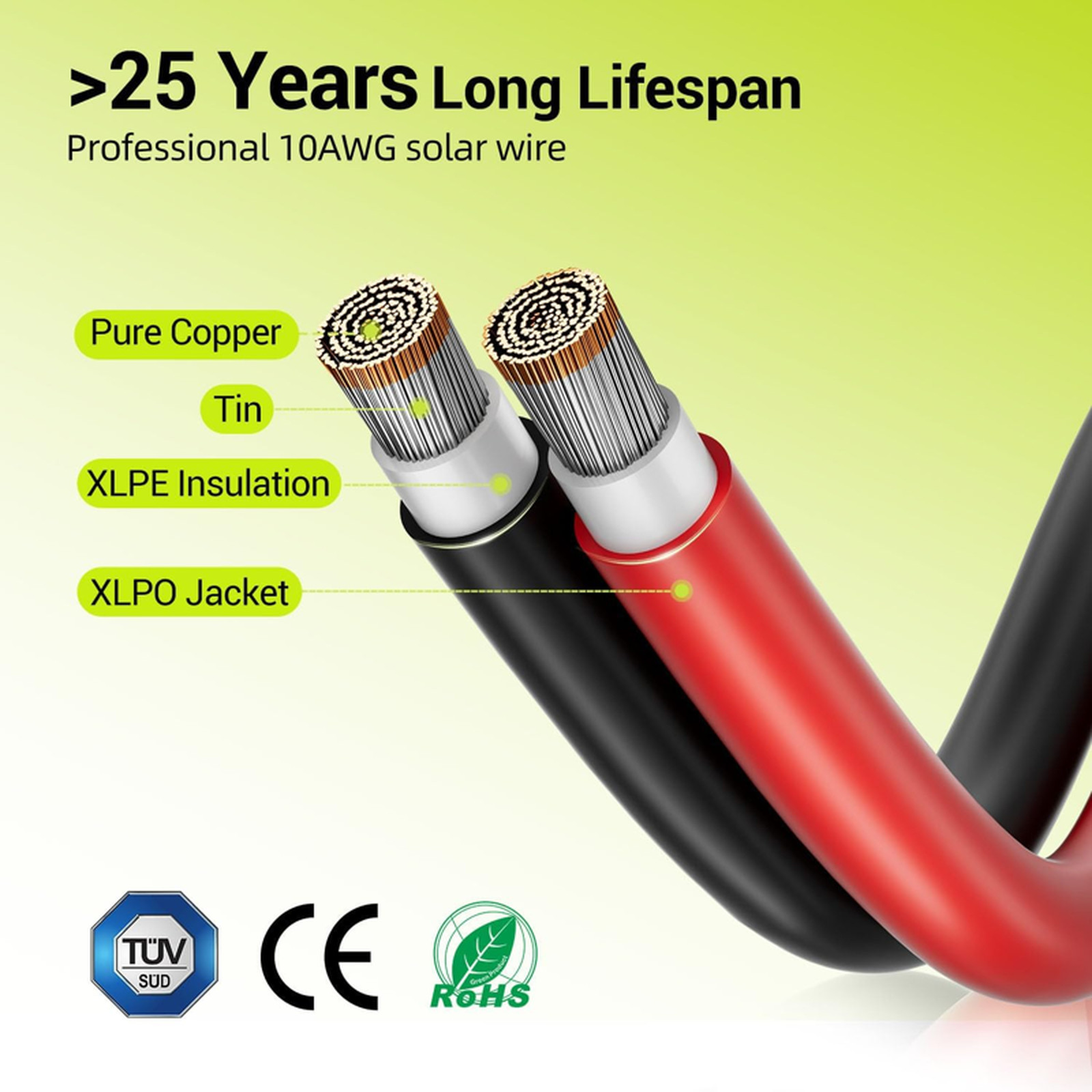 10AWG Solar Panel Extension Cable, 6mm2 Tinned Copper PV Wire, 50FT Red Black