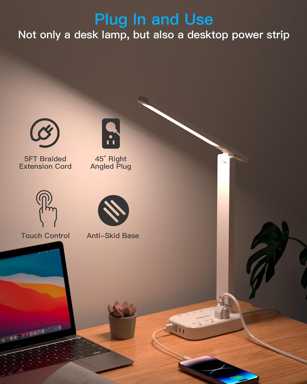 One Beat Small LED Desk Lamp Power Strip 5Ft Extension Cord with 3 Outlets 4 USB