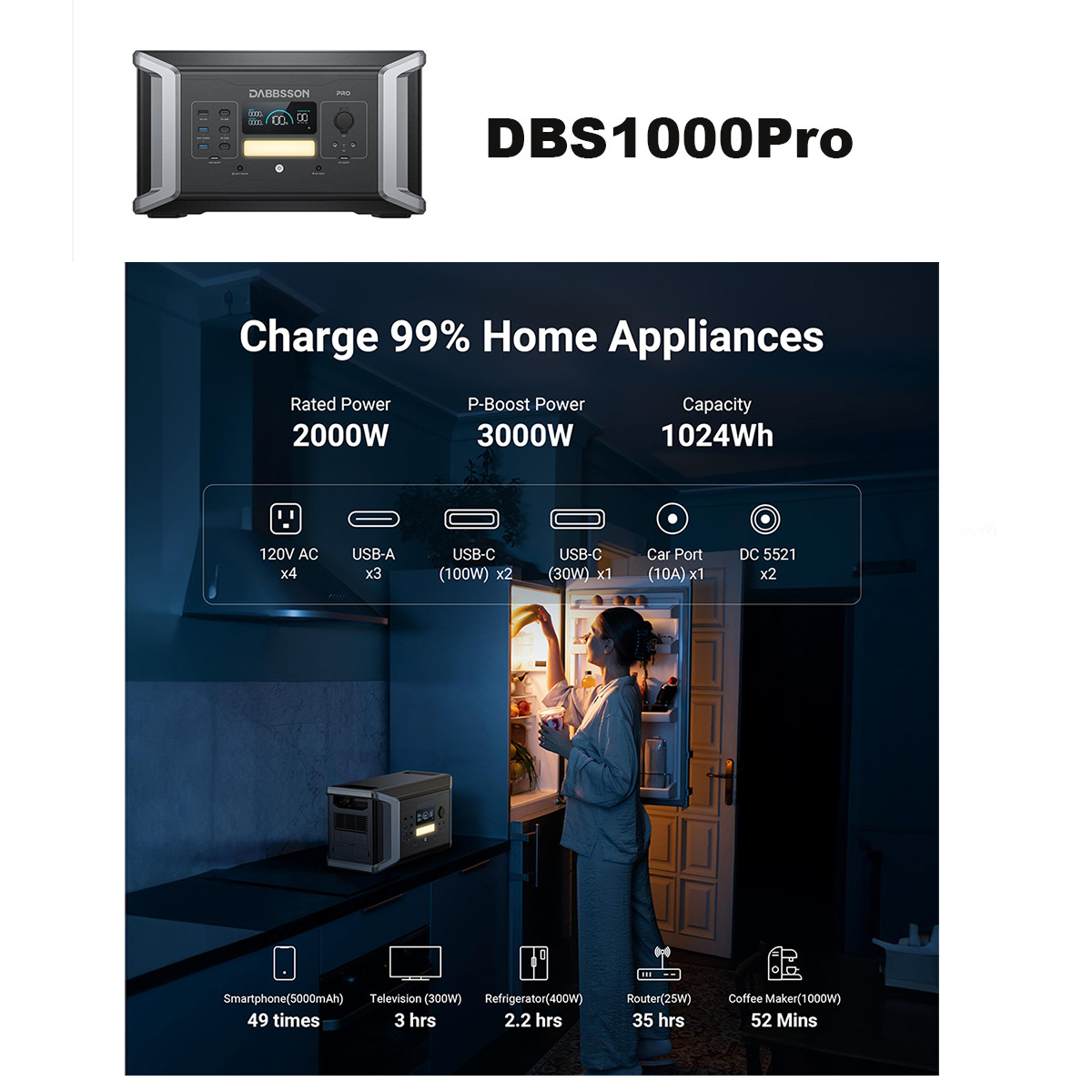 Dabbsson Power Station 2000-2400W Solar Generator LiFePO4 RV Trip Home backup