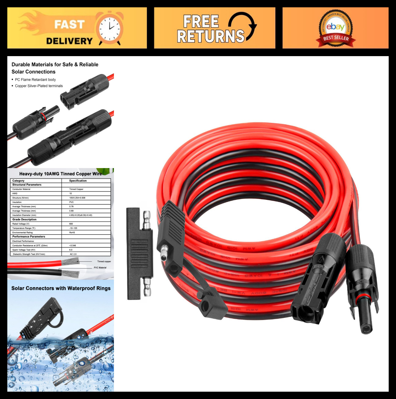 10AWG Solar Panel Connector Cable 20FT, Heavy-Duty Tinned Copper, SAE Extension