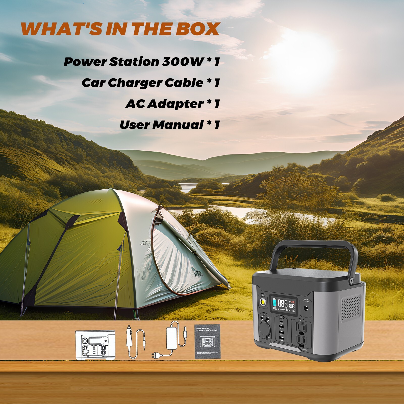 Portable Power Station 300W 90000mAh Power Bank 324Wh Battery Pack AC OutletLED