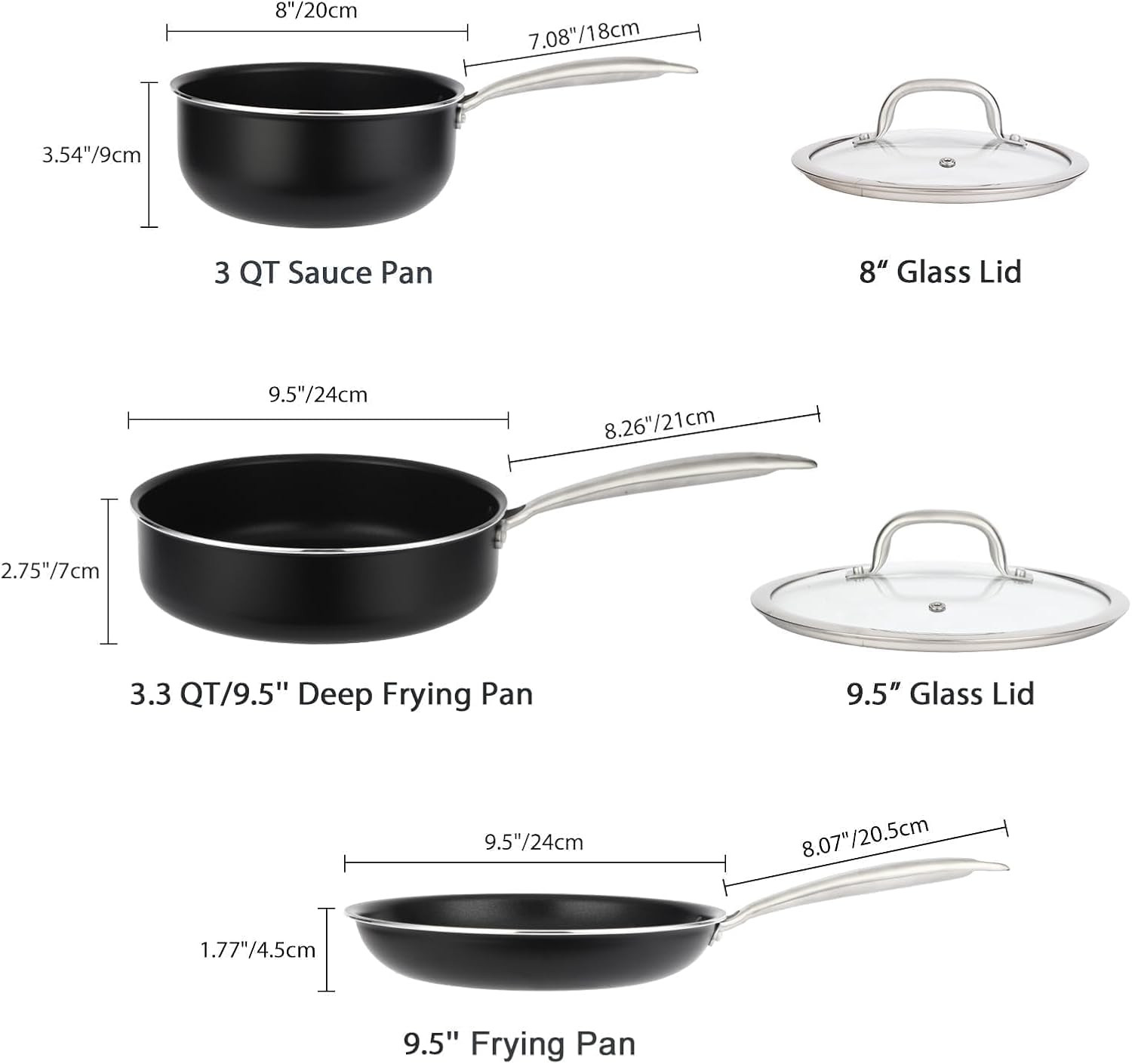 5PC Induction Cookware Set with Tempered Glass Lids, Ultra Nonstick Pots and Pan