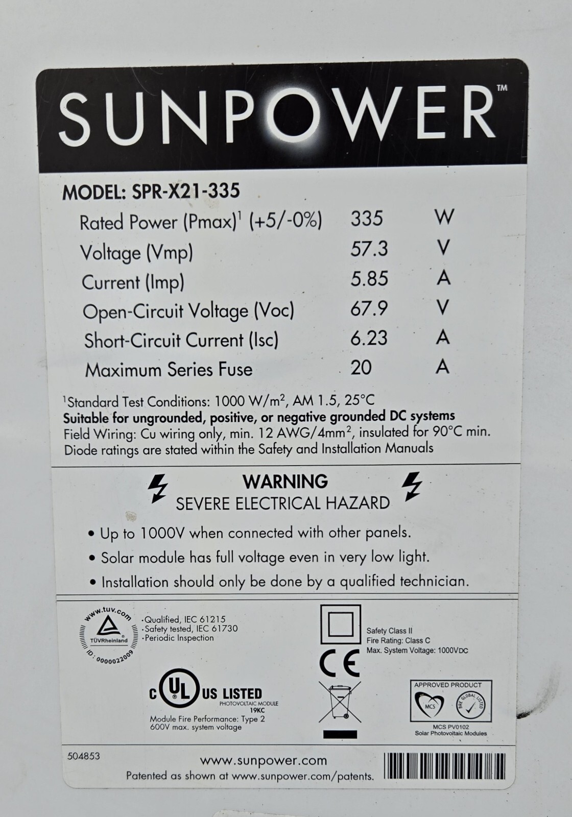 Sunpower Solar Panels 335W White Lot of 30 Pieces. SPR-X21-335
