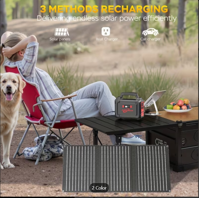 Portable Power Station 167Wh w/ 30W Solar Panel 350W Backup Power Bank with 2*AC