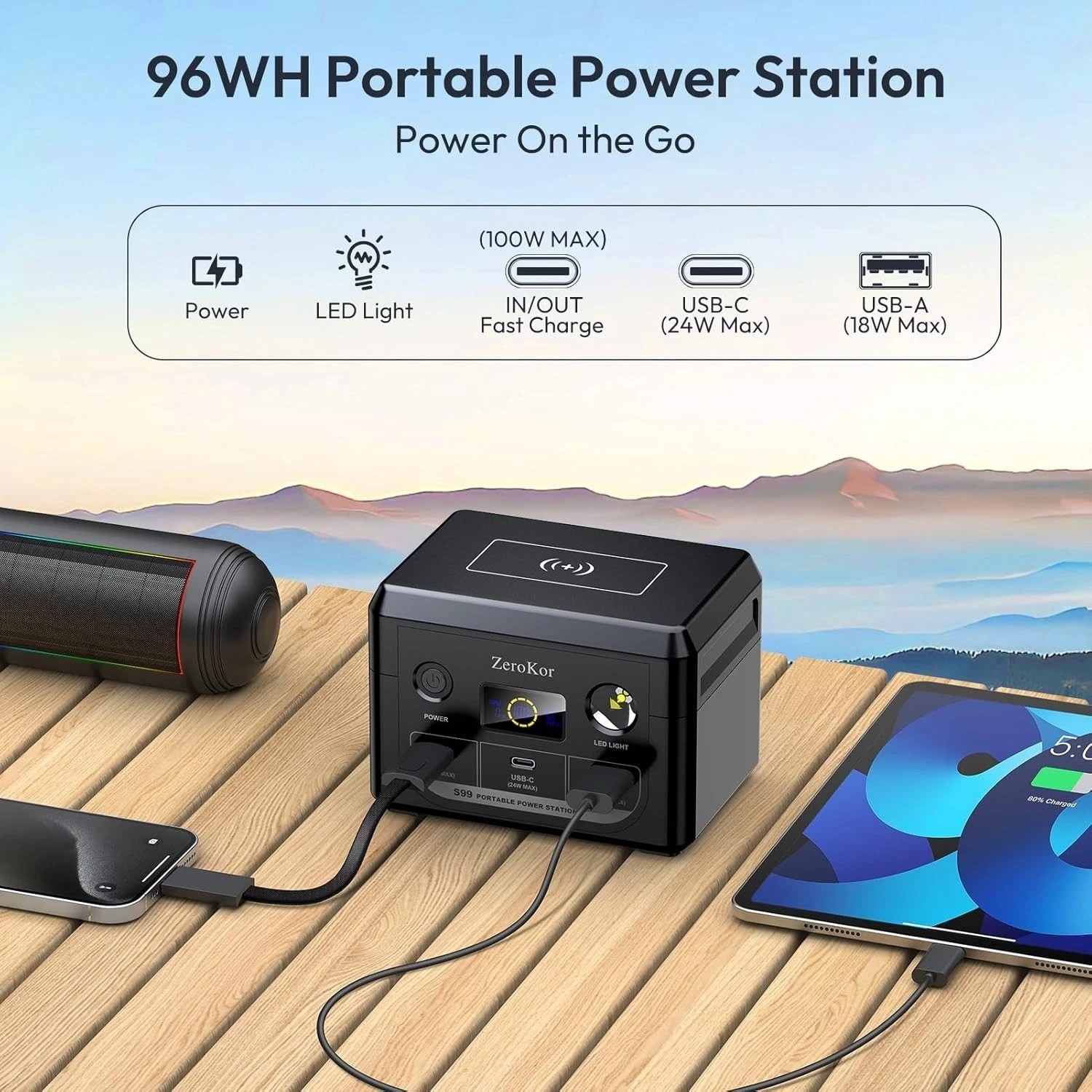 100W Portable Power Station – 30,000mAh Solar Generator with USB-C Fast Charging