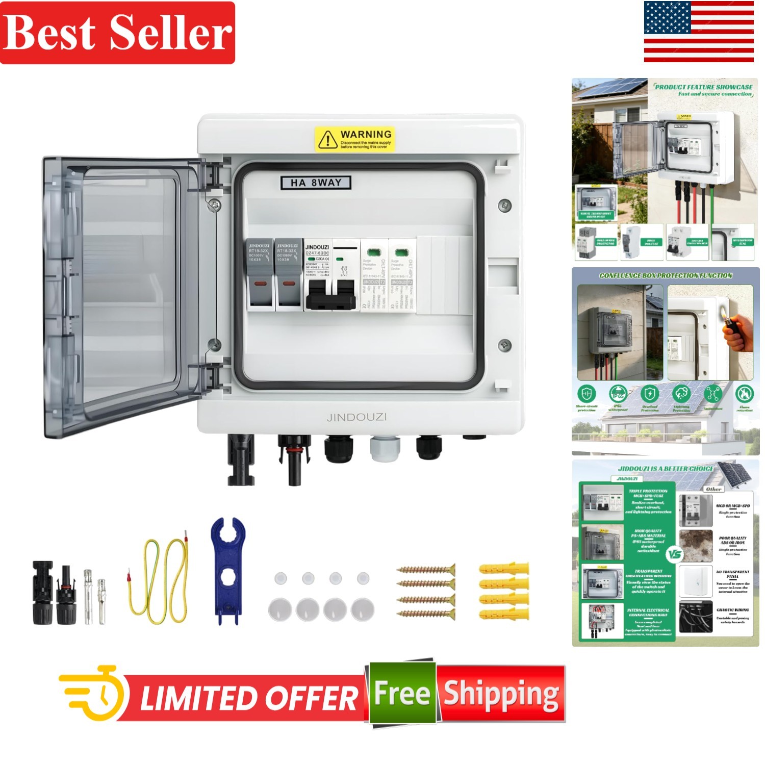 Solar Combiner Box 1 In 1 Out with 20A Fuse Circuit Breaker Surge Protector f…