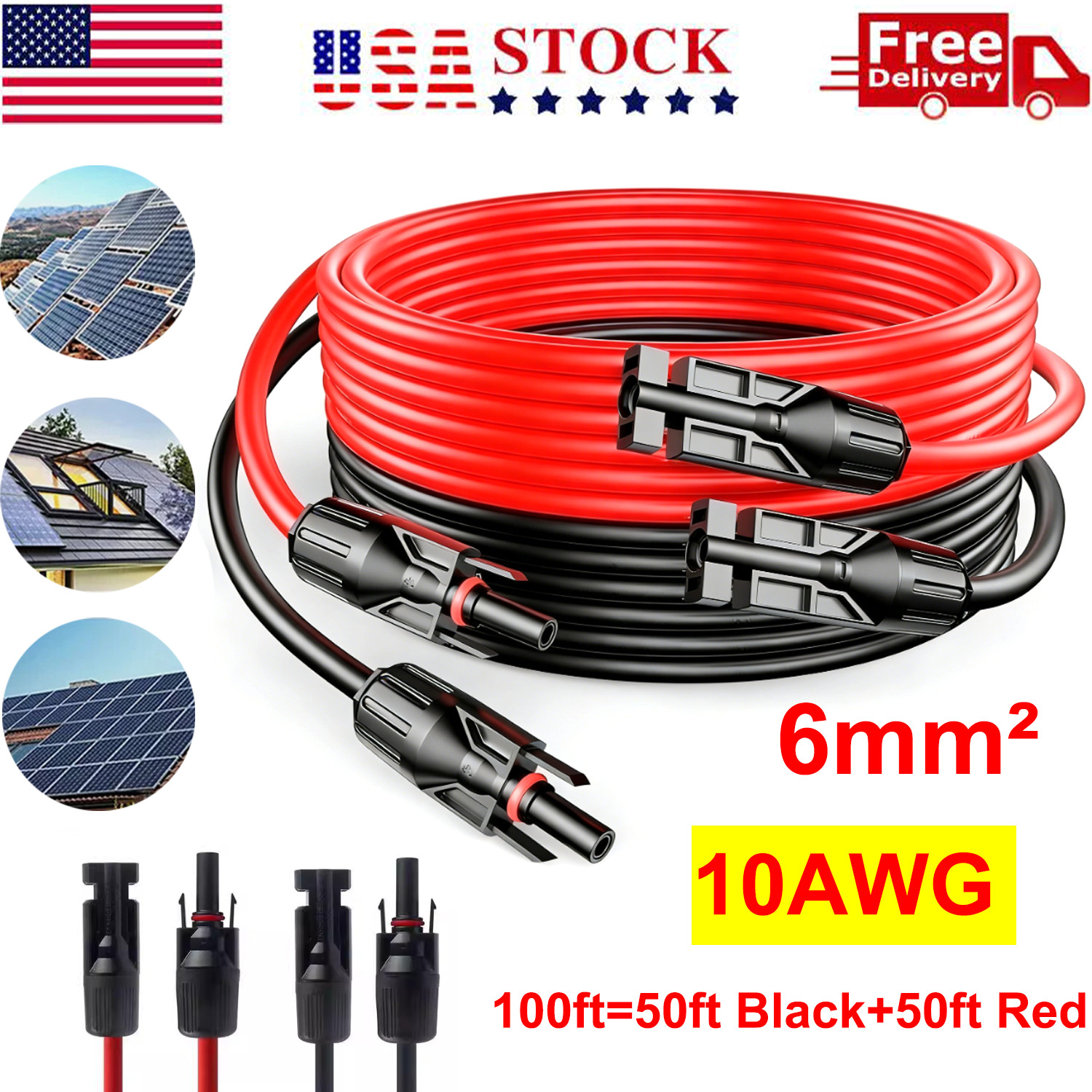 100FT 10 AWG Solar Panel Extension Cable PV Wire +Pair Solar Connectors 6mm²