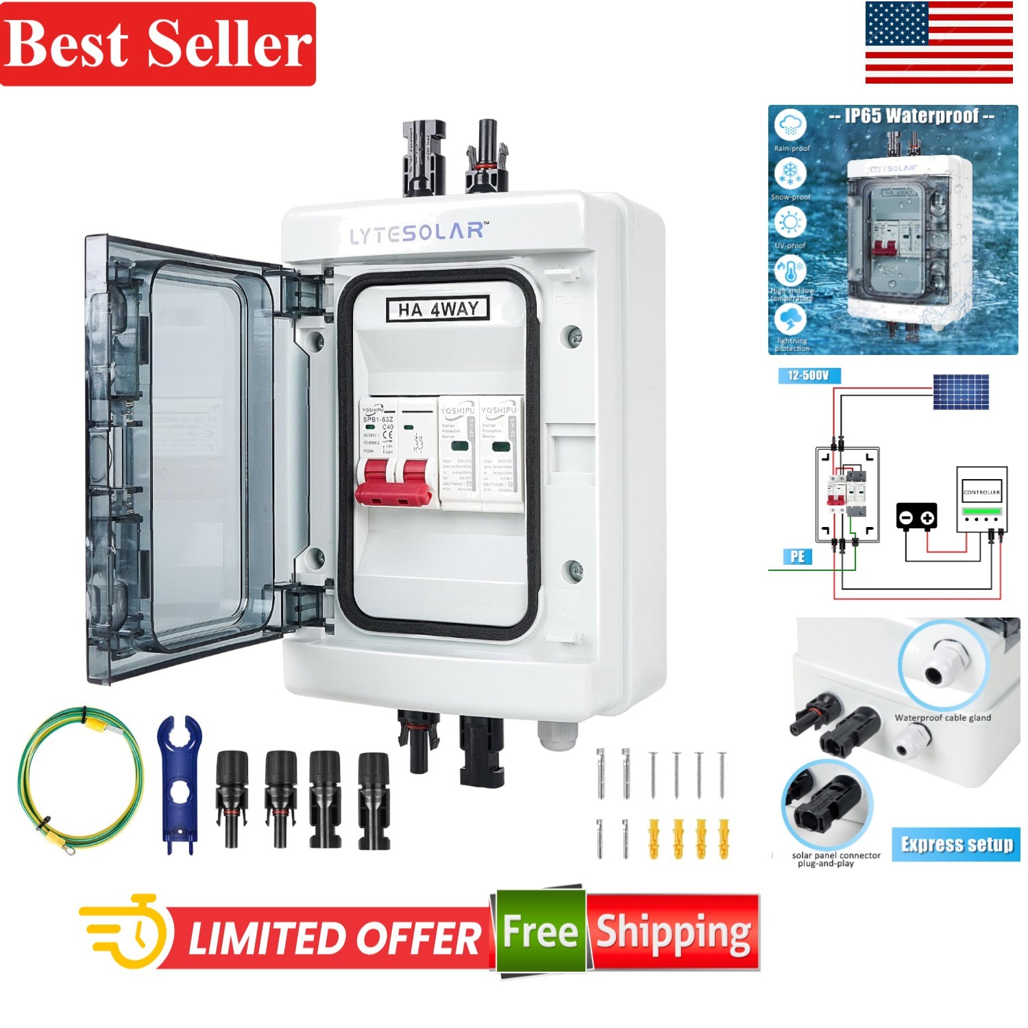 Solar Panel Combiner Box 1 In 1 Out 40A Waterproof Disconnector Surge Protector