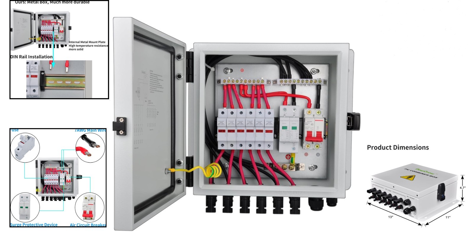 Durable Metal PV Combiner Box: 63A Circuit Breaker for Reliable Solar Systems