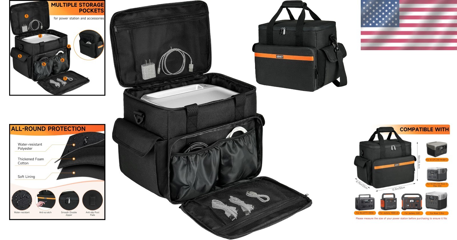 Stylish Black Carrying Case for Portable Power Stations – 7 Compartment Design