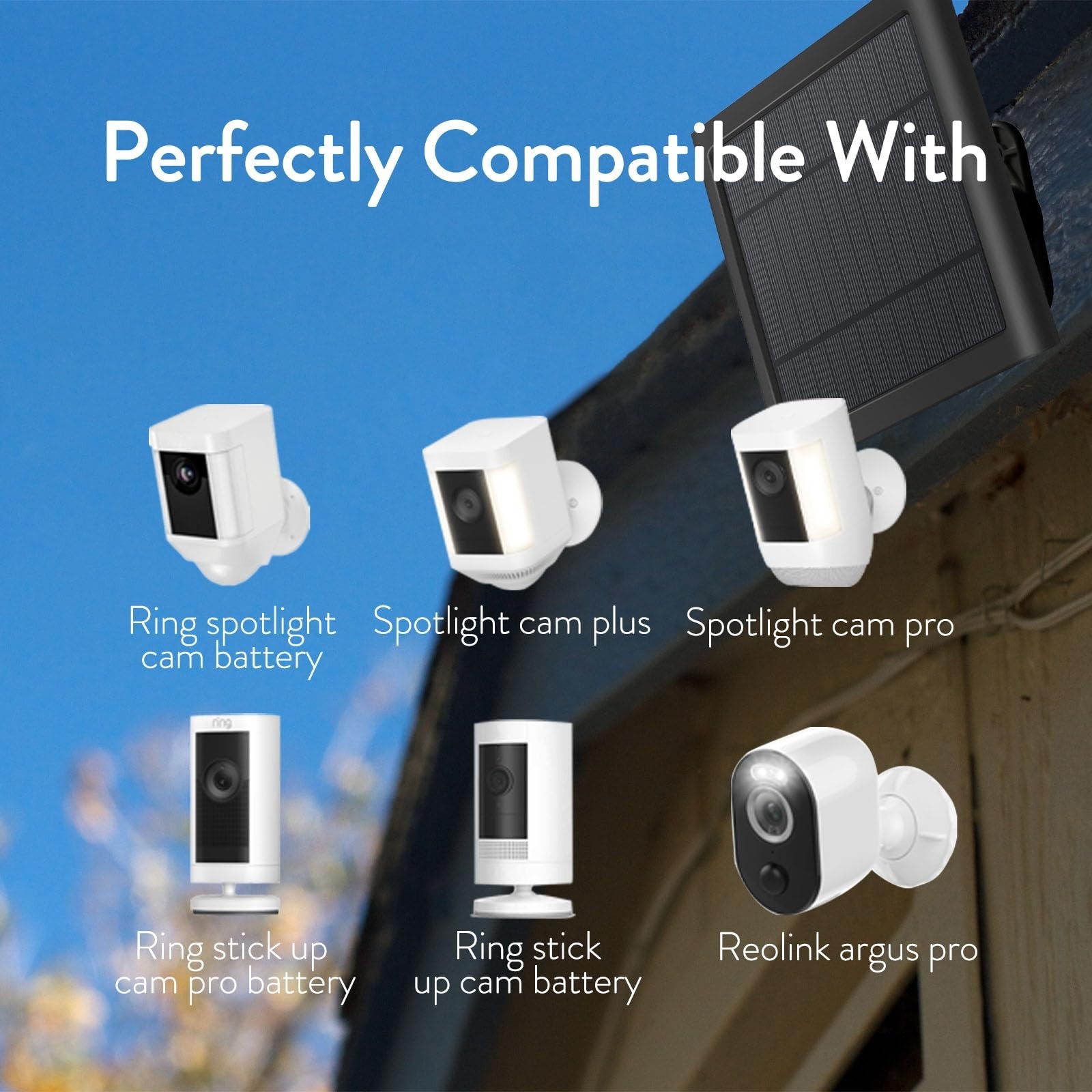8W Solar Panel Charger for Ring Cameras – IP65 Waterproof, 10ft USB-C Cable, 2-P